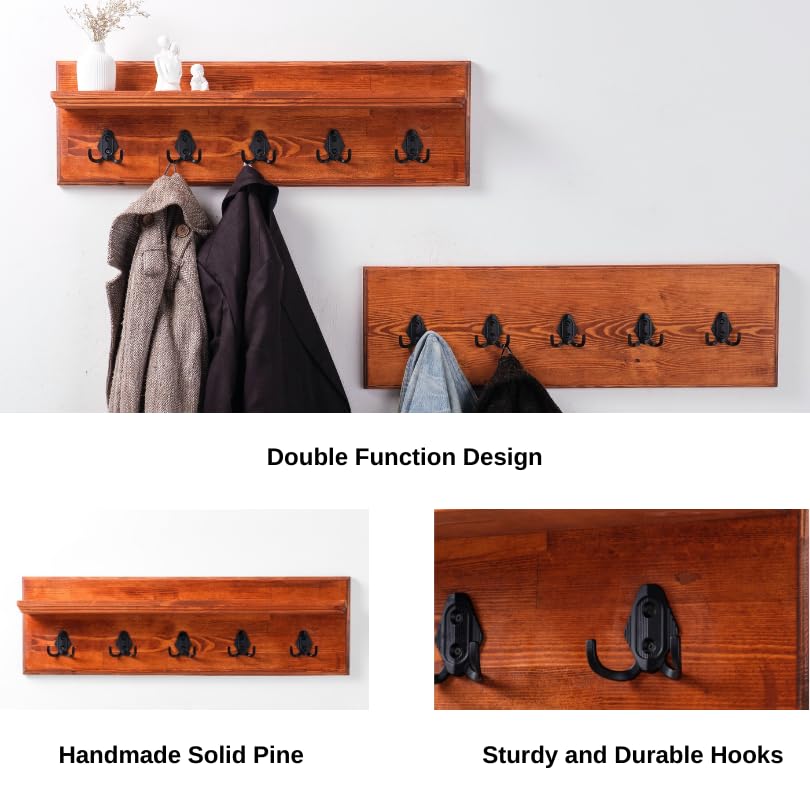 Wall Mounted Coat Rack with Shelf - 48 Inch Rustic Farmhouse Entryway Organizer (Mango Wood) | Towel Rack, Key Holder & Floating Shelf for Hallway, Bedroom or Mudroom Organization