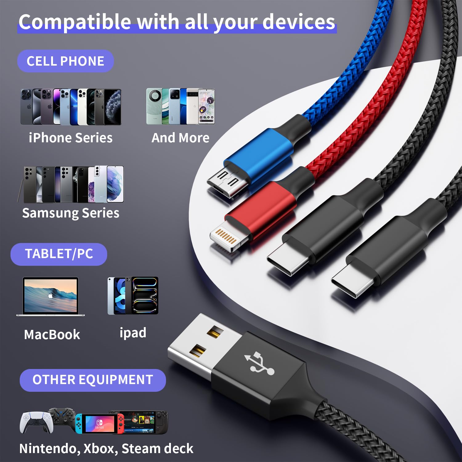 2-Pack 5FT 4-in-1 Multi Charging Cable with Dual USB-C, Micro USB & Lightning Port - Universal Fast Charger Compatible with iPhone 16/15/14 Series, Android Phones, Tablets & iPads - Perfect for Home, Office & Travel Charging Needs