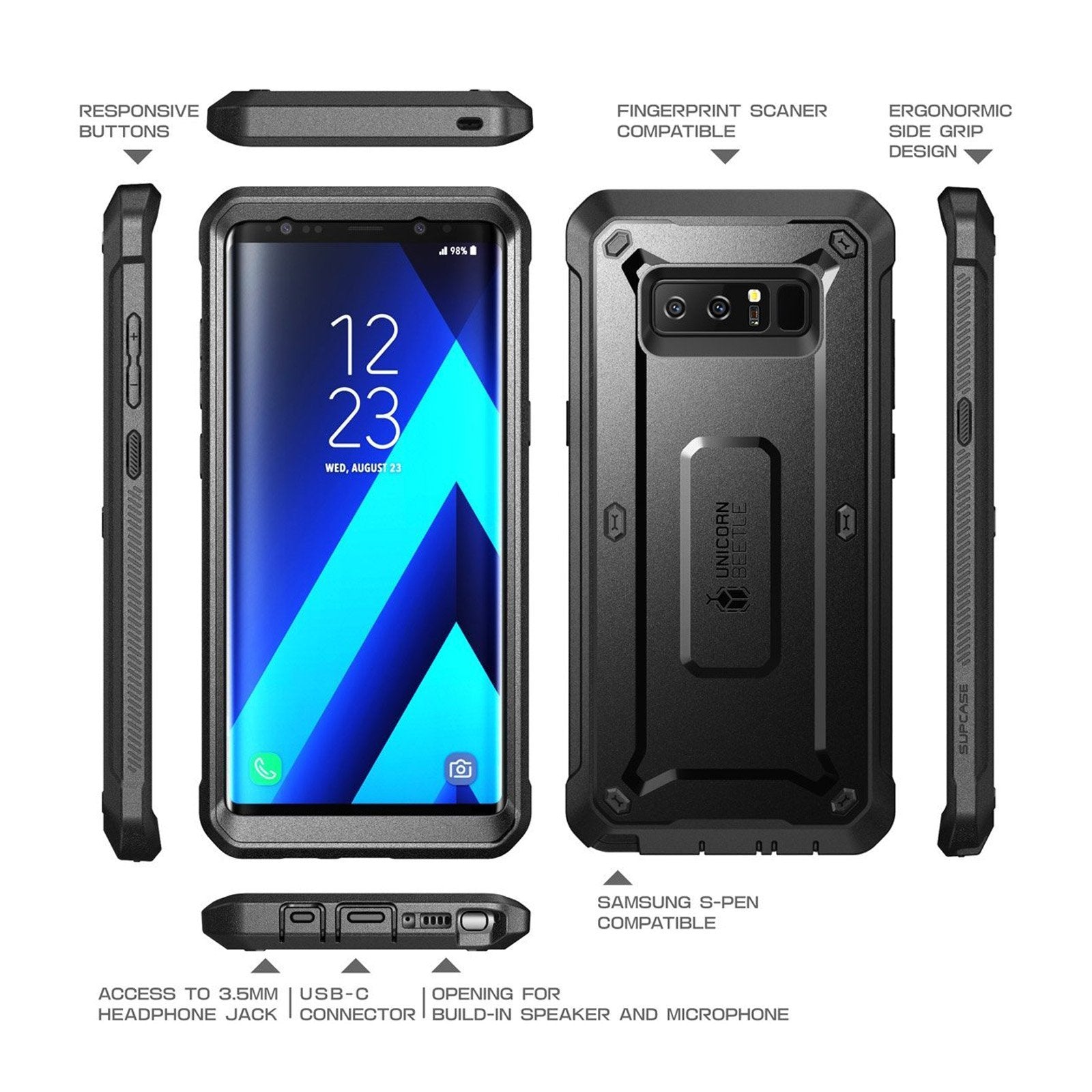 Samsung Galaxy Note 8 Unicorn Beetle Pro Full Body Rugged Holster Case - Shockproof Protective Cover with Built-in Screen Protector - Black (Open Box) - Perfect for Outdoor, Construction & Extreme Sports Use