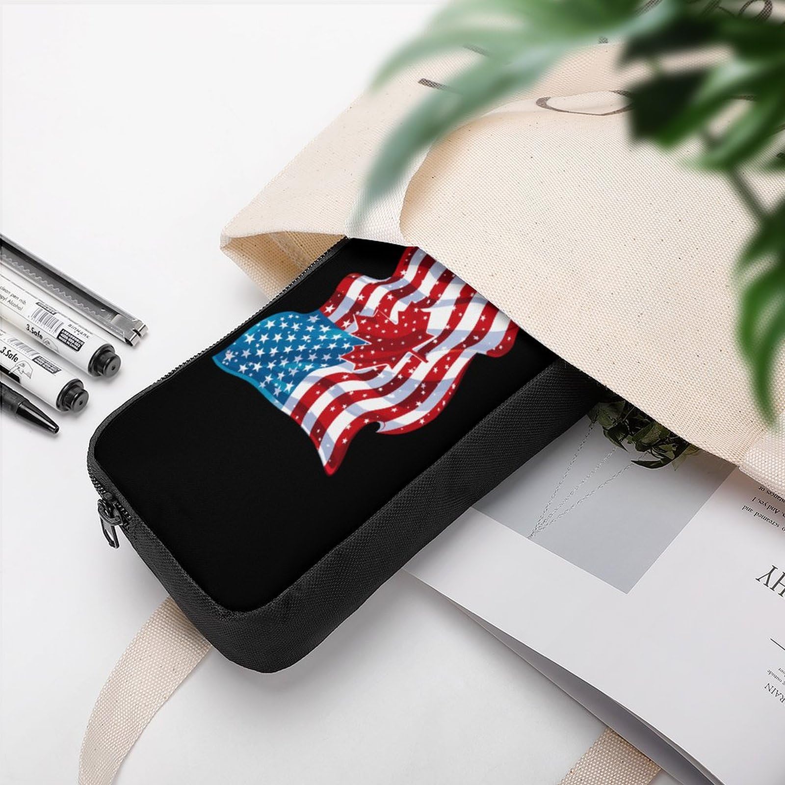 American & Canadian Flag Pencil Case - Large Capacity Zippered Pen Pouch, Stationery Organizer & Makeup Bag for School, Office & Travel