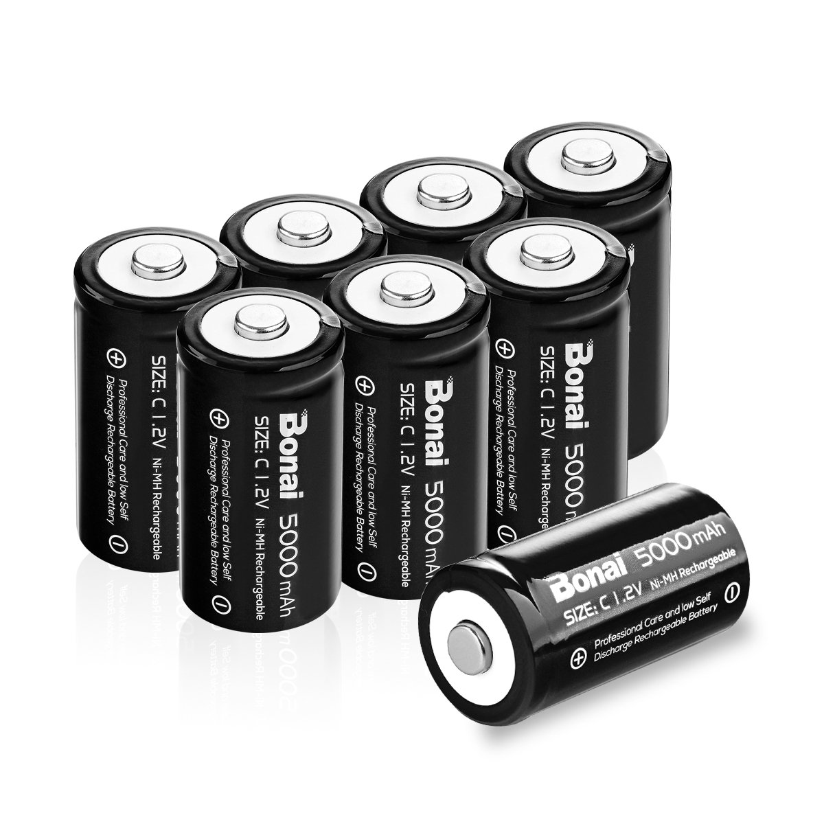 BONAI Rechargeable C Batteries 8-Pack - 5000mAh 1.2V Ni-MH High Capacity C Cell Batteries for Flashlights, Toys, Radios & Emergency Devices - Long Lasting Power Supply