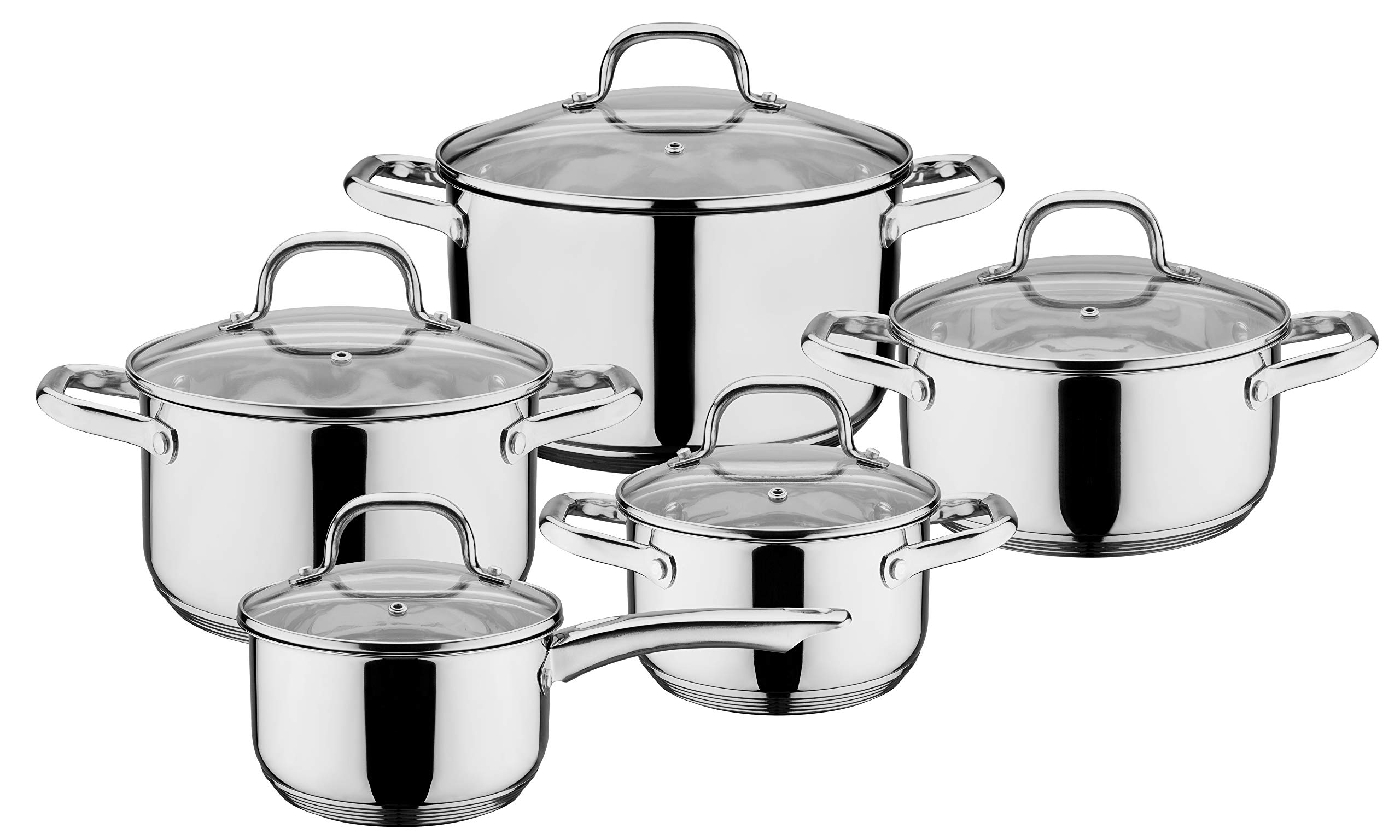 GSW Trentino 10-Piece Stainless Steel Cookware Set with Glass Lids - Nonstick Pots & Pans for Boiling, Frying & Slow Cooking - Perfect for Home Kitchen, Camping & RV Use
