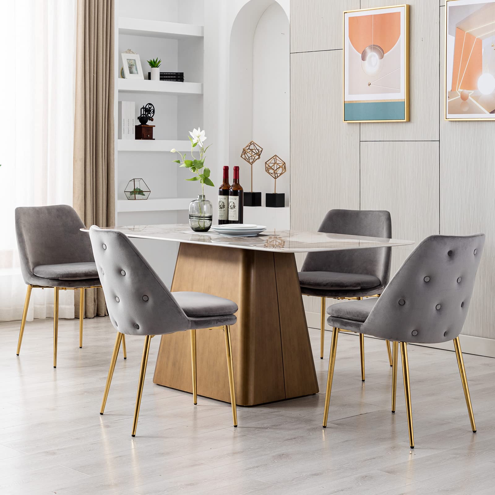 QUINJAY Modern Velvet Upholstered Dining Chairs Set of 4 - Tufted Back Armless Side Chairs with Gold Metal Legs for Kitchen, Living Room, Bedroom (Grey) | Elegant Home Decor & Dinner Party Seating