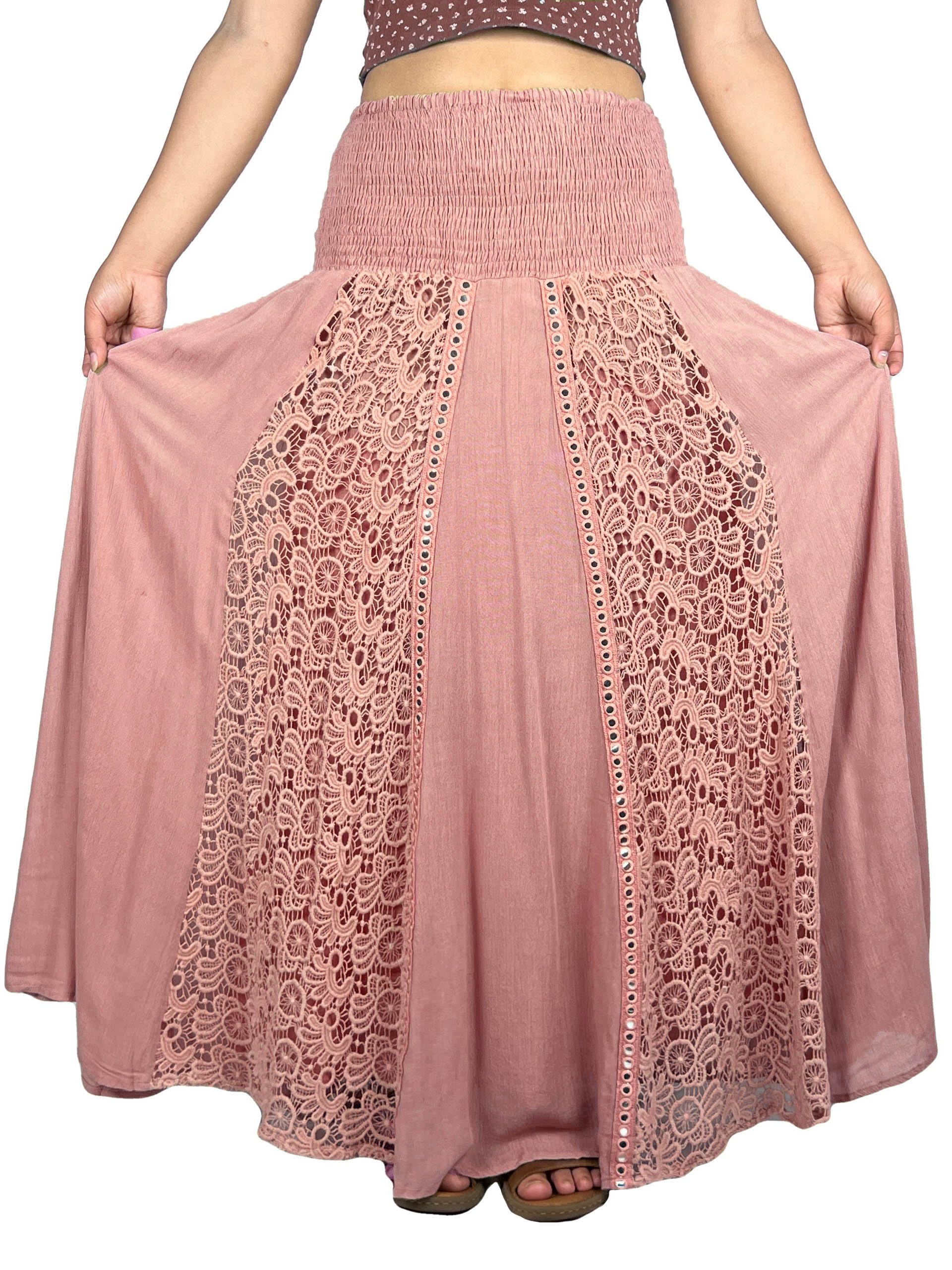 Agan Traders Women's Bohemian Maxi Skirt - Soft Rayon Smocked Elastic Waist Long Gypsy Skirt for Spring 2025 | Perfect for Beach, Music Festivals & Boho Chic Outfits