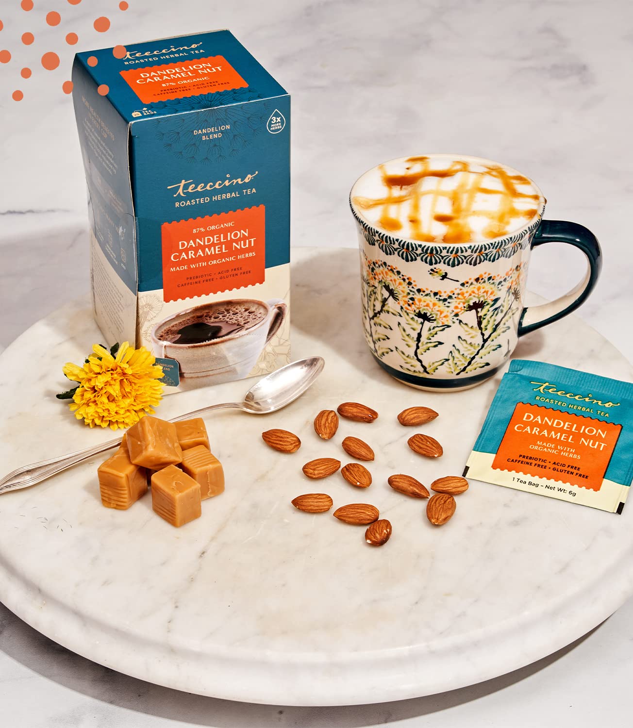 Teeccino Dandelion Caramel Nut Herbal Tea - Caffeine Free, Roasted Herbal Tea with Prebiotics, 3x More Herbs, Gluten Free - 10 Tea Bags - Perfect for Relaxation, After Dinner & Wellness Routines