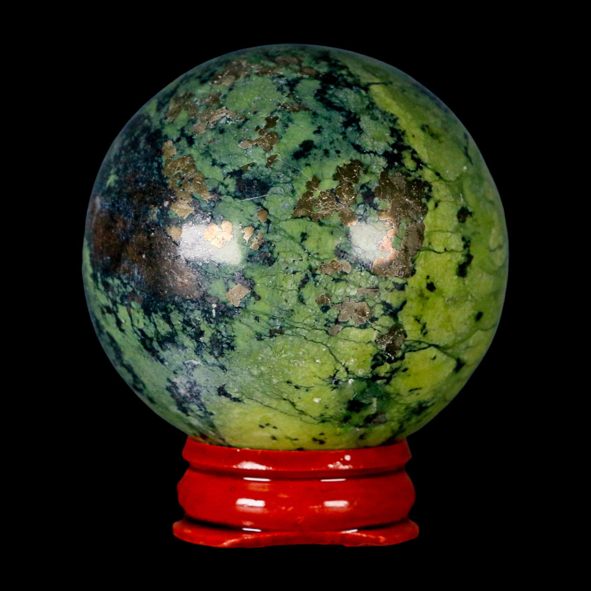 52MM Natural Green & Yellow Serpentine Pyrite Sphere Ball - Healing Crystal Orb with Stand from Peru - Perfect for Meditation, Home Decor & Energy Work