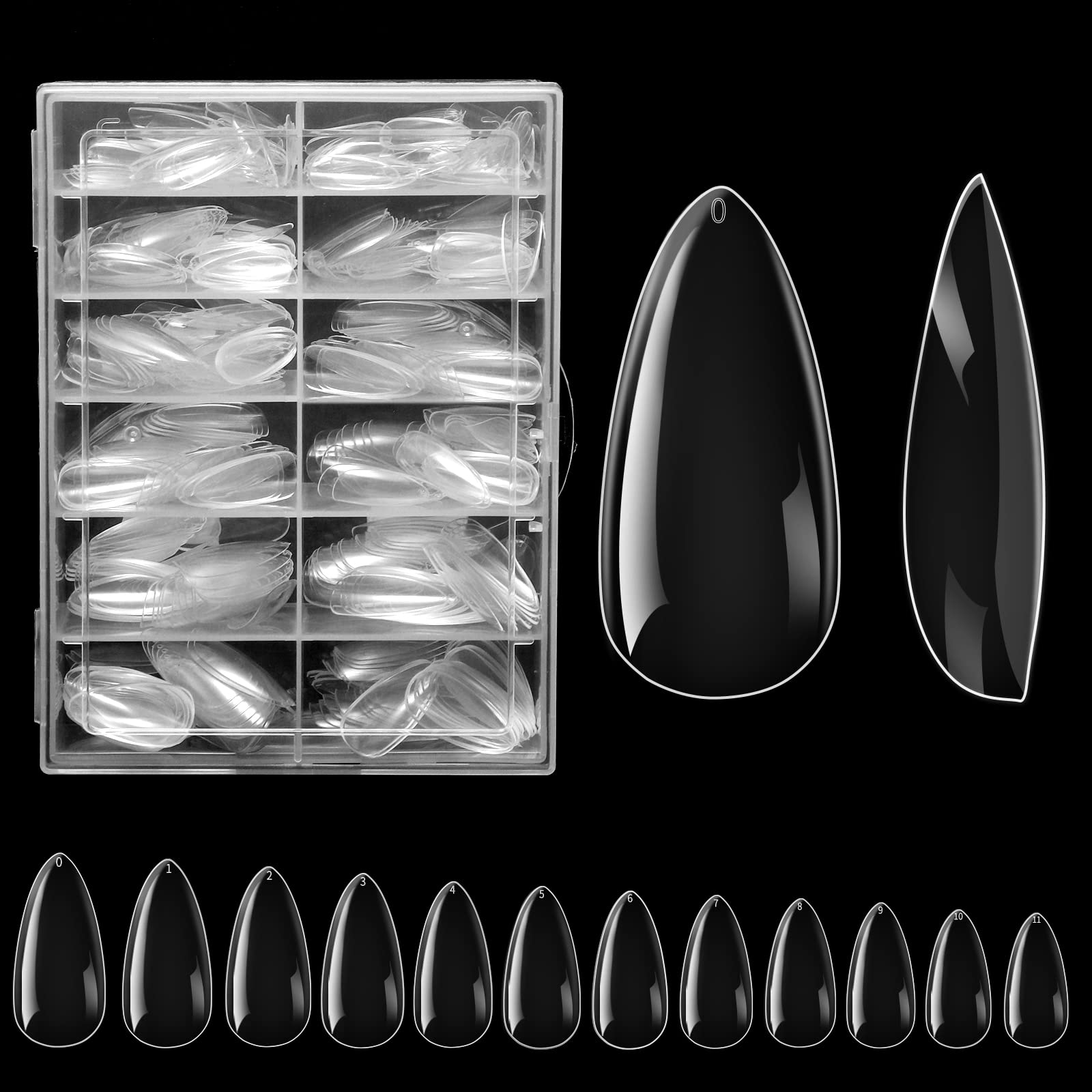 Premium 504pcs Almond Press On Nails - Clear Acrylic Full Cover Fake Nail Extensions for DIY Nail Art, 12 Sizes with Storage Case - Perfect for Home Manicures, Parties & Special Occasions