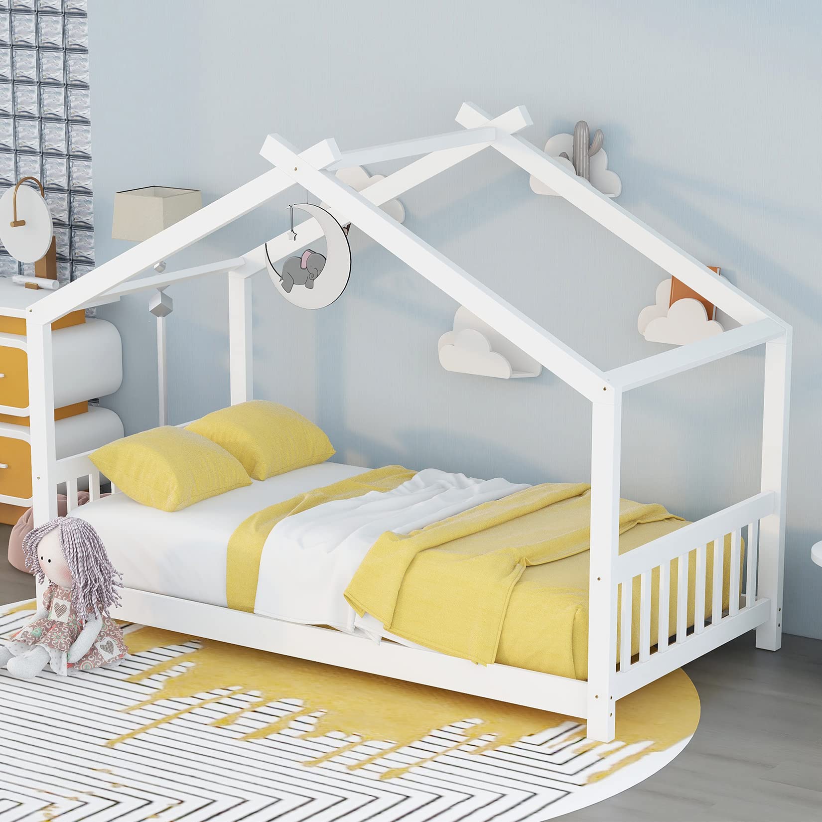 Montessori Twin House Bed Frame for Kids - Wooden Floor Tent Bed with Headboard & Footboard - Ideal for Boys, Girls & Teens - Perfect for Bedrooms, Playrooms & Montessori Learning Spaces (White)