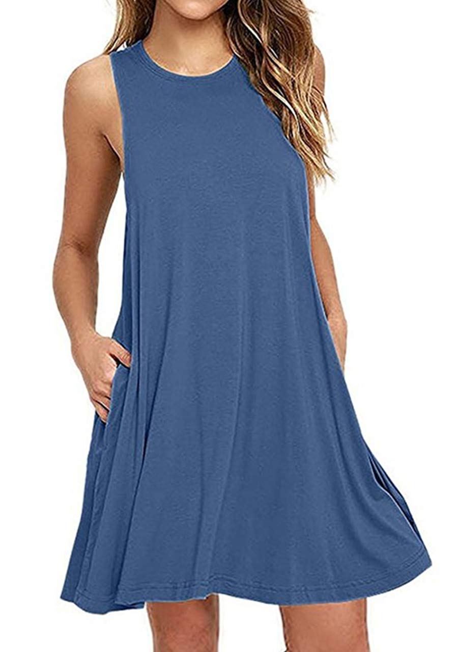 OMZIN Women's Sleeveless Swing Dress - Summer Flared Tank Mini Dress with Pockets | Casual Beach Wear, Vacation Outfit, Party Dress for Women