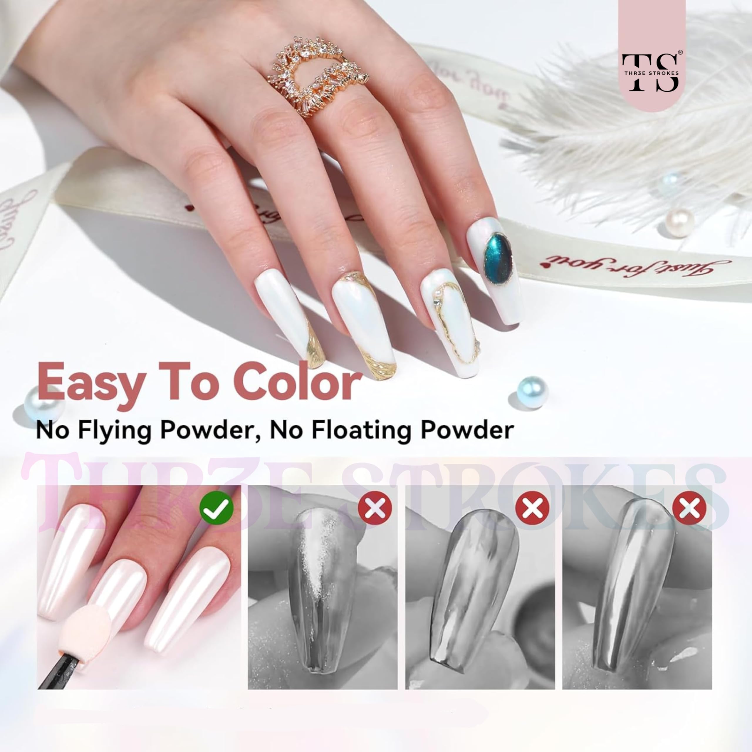 THR3E STROKES White Pearl Chrome Nail Powder - 1g Mirror Effect Metallic Nail Art Powder for Gel Polish, Mermaid Chrome Glitter Dust Kit (WHITE PEARL) | Perfect for Salon Manicures, DIY Nail Art & Special Occasion Nail Designs