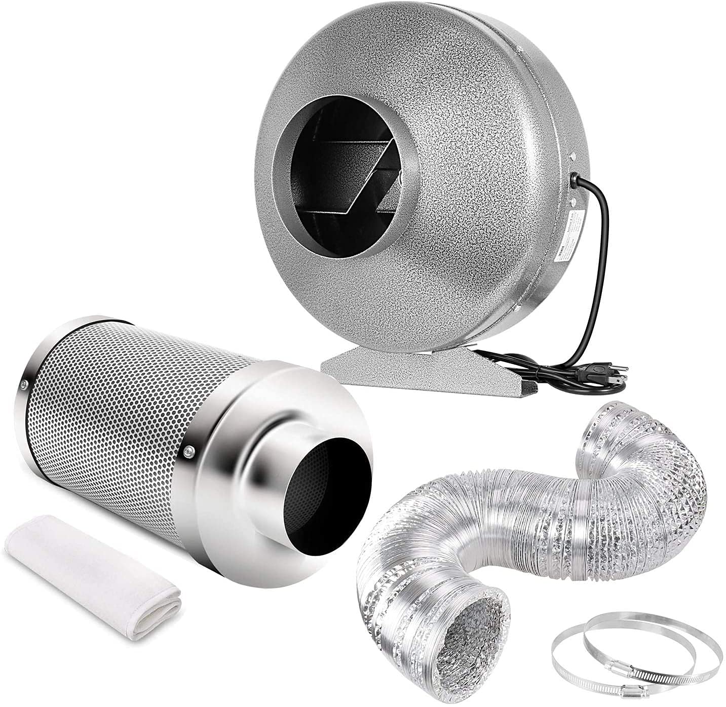 iPower 4 Inch 190 CFM Inline Duct Fan with Carbon Filter & 8ft Ducting - Grow Tent Ventilation System for Hydroponics, Indoor Gardening & Greenhouse Air Circulation (Silver)