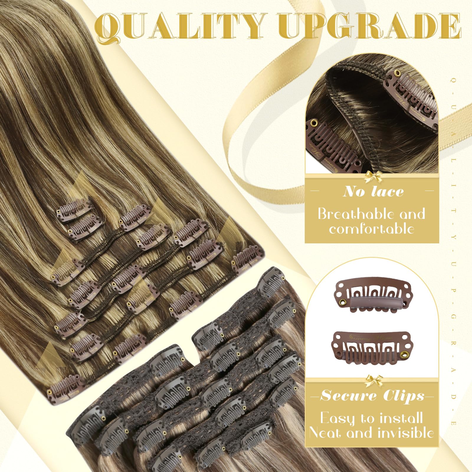 Ve Sunny 18inch Clip-in Human Hair Extensions - 7pcs 120g Dark Brown with Caramel Blonde Highlights | Real Human Hair for Volume & Length | Perfect for Parties, Weddings & Daily Styling
