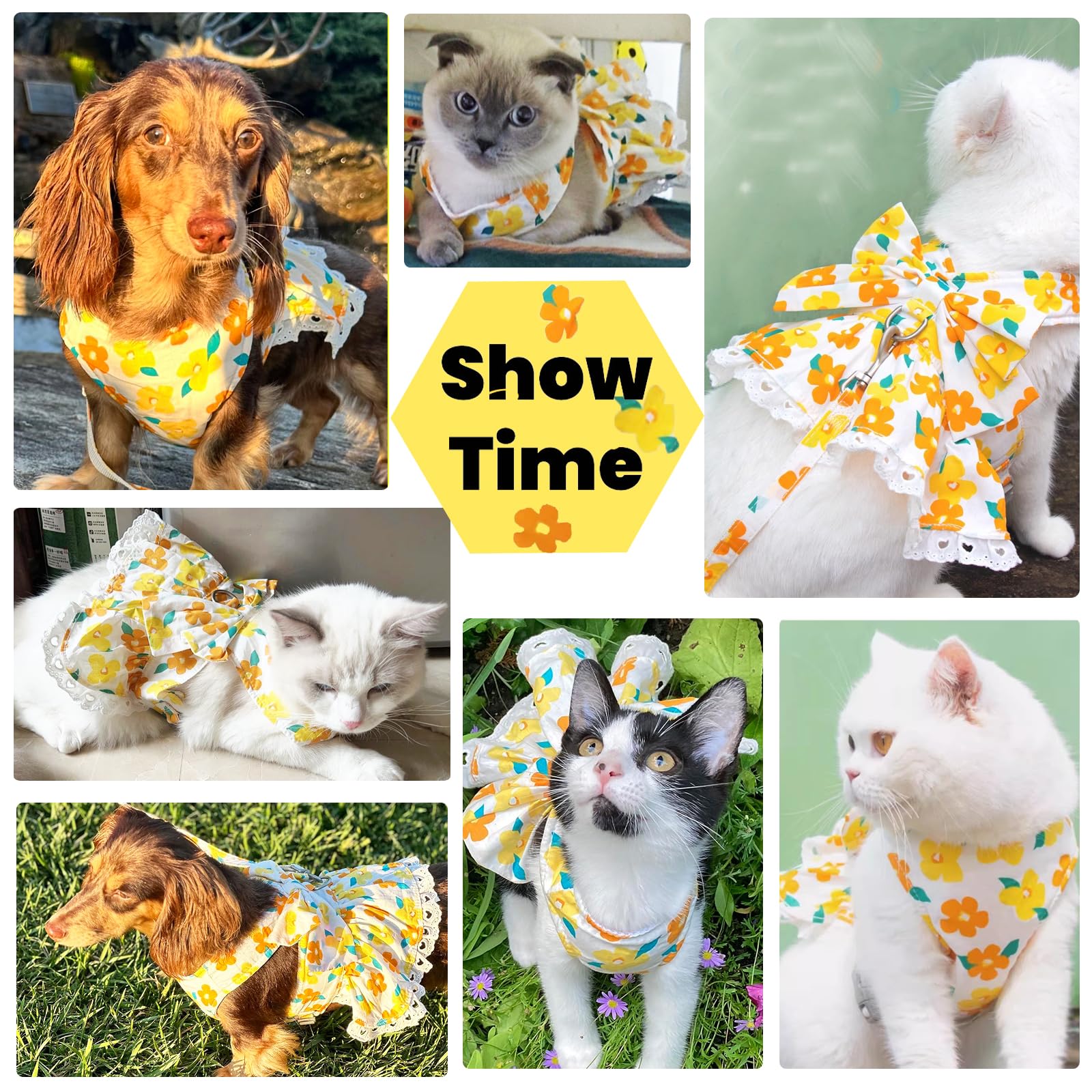 Small Dog Harness & Dress Set with Leash - Cute Floral Princess Outfit for Puppies & Kittens (Yellow, Medium) | Perfect for Summer Walks, Birthday Parties & Pet Fashion Photos