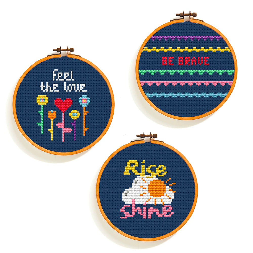Happy Days Cross Stitch Pattern - Mini Hoop Trio Set for DIY Embroidery | Perfect for Home Decor, Gifts & Craft Projects