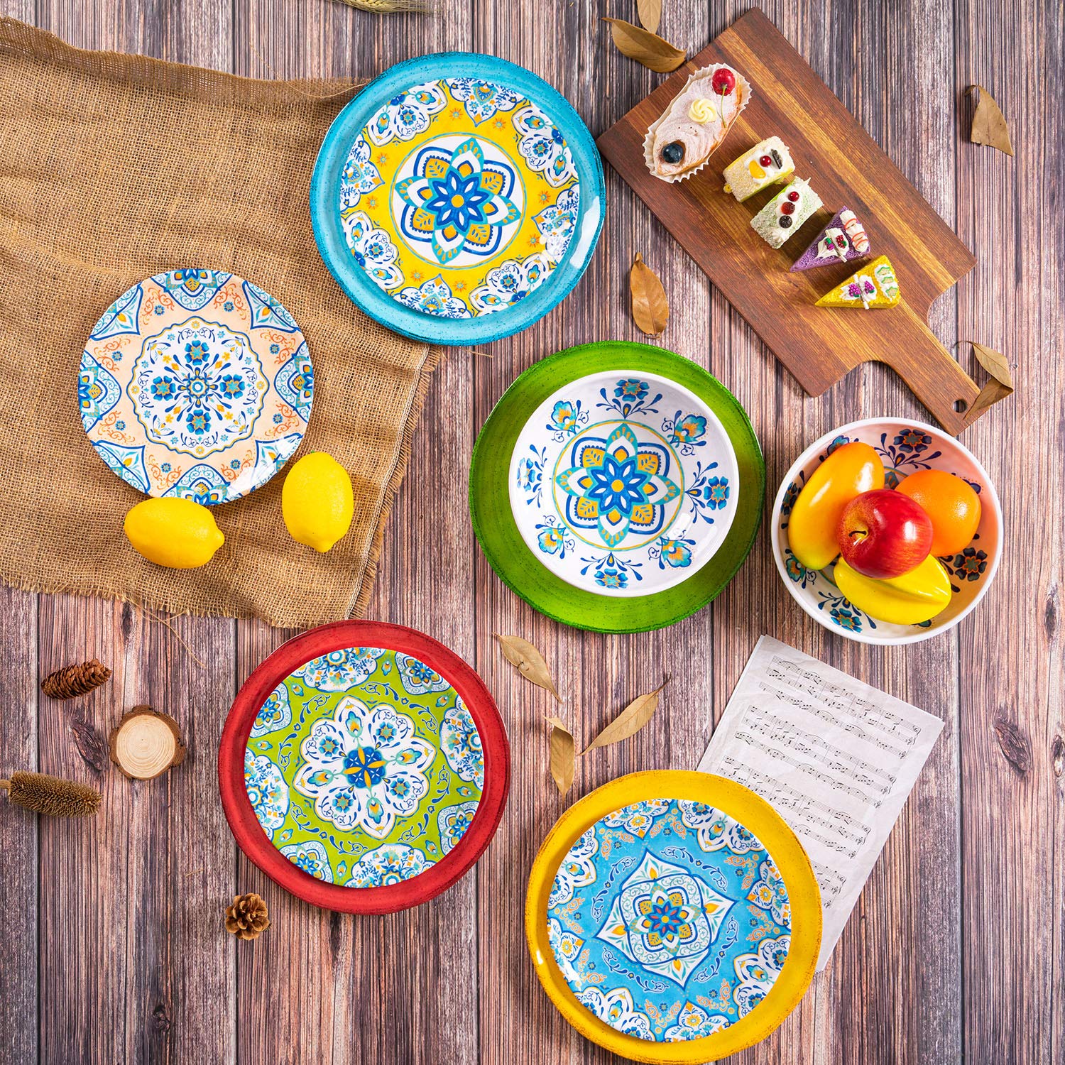 12-Piece Melamine Dinnerware Set - Durable, Colorful Plates & Bowls - Dishwasher Safe, Shatterproof, Chip Resistant - Perfect for Outdoor Dining, Picnics, and Restaurants (Multicolor)