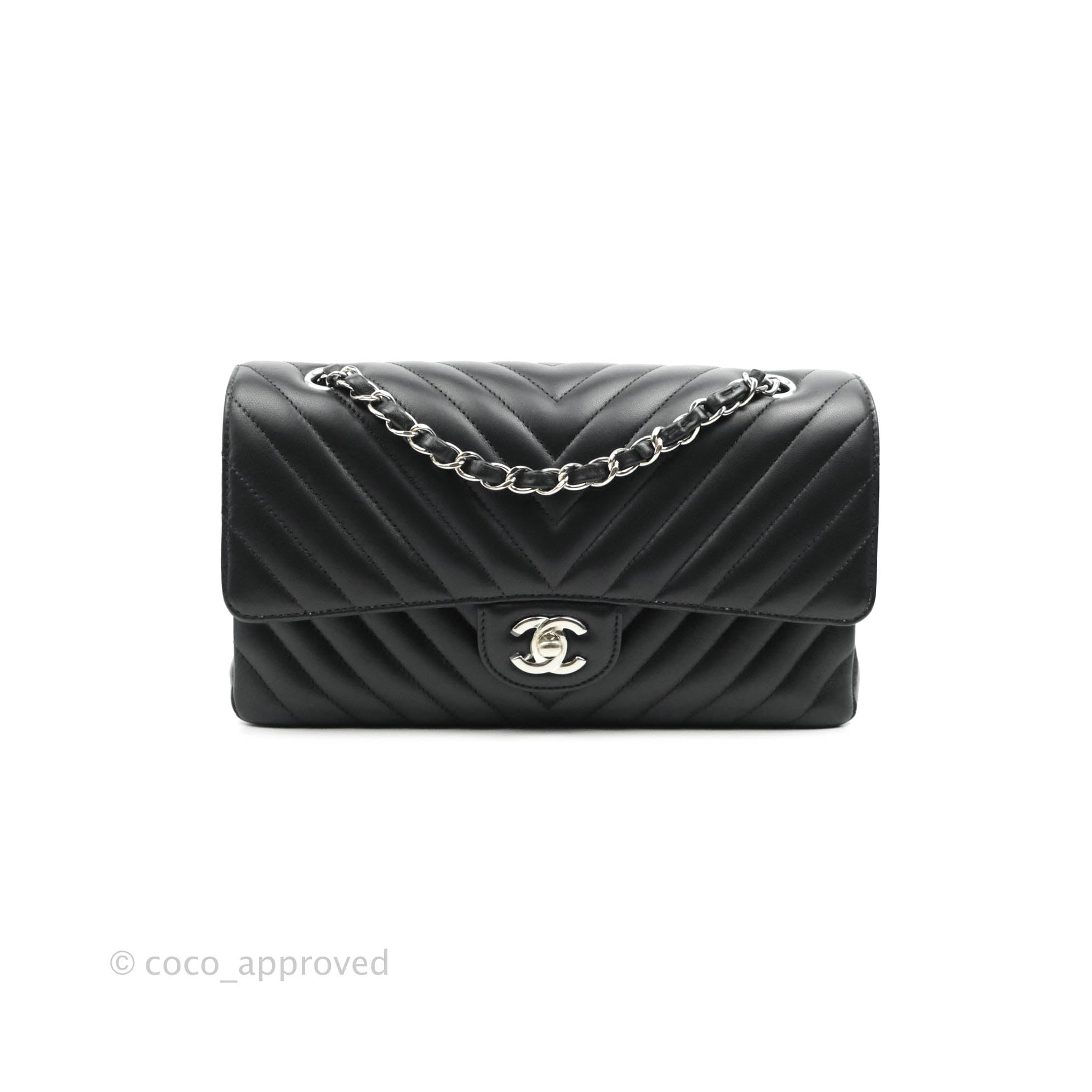 Chanel Classic M/L Medium Chevron Double Flap Bag in Black Lambskin with Silver Hardware - Luxury Handbag for Women, Perfect for Evening Events & Special Occasions