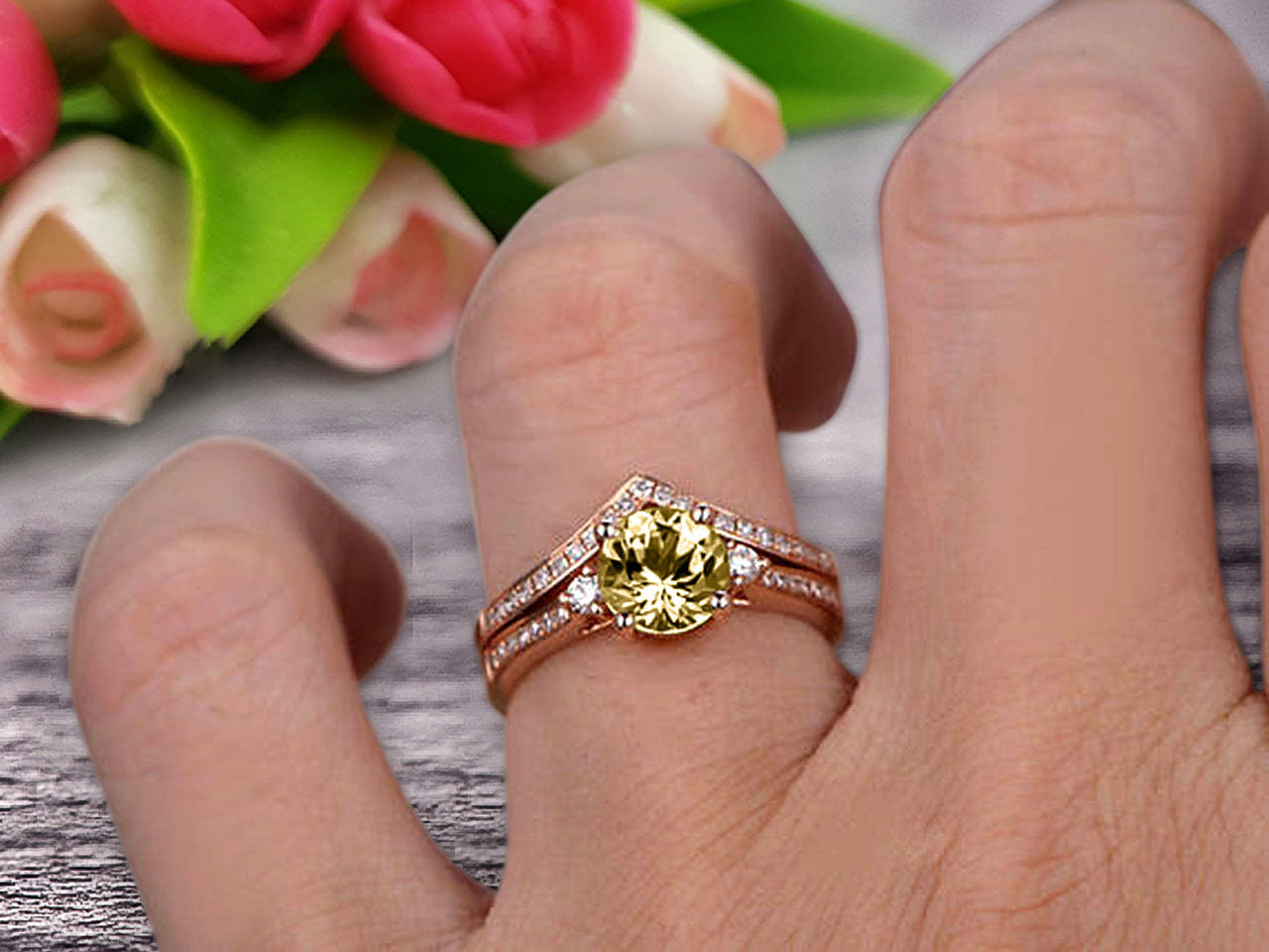 1.50 Carat Champagne Diamond Moissanite Engagement Ring 10k Rose Gold Wedding Set - Anniversary Ring, Promise Ring, Gift for Her - Curved V-Shape Matching Band for Proposals, Weddings & Special Occasions