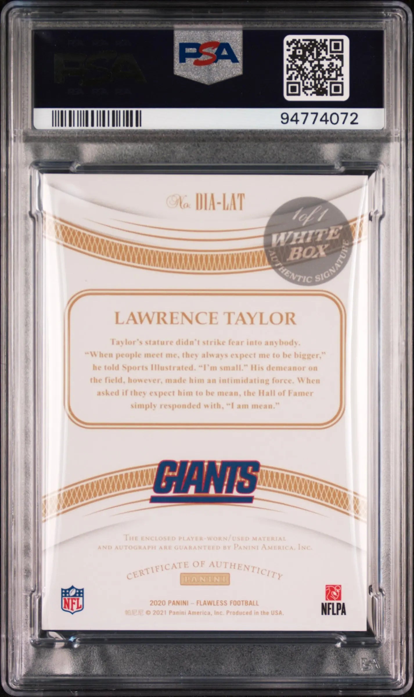 2020 Flawless PSA 9 Lawrence Taylor Distinguished Patch Auto White Box 1/1 - Rare Football Trading Card for Collectors & Investors - Perfect for Display, Gifts, and Sports Memorabilia Collections