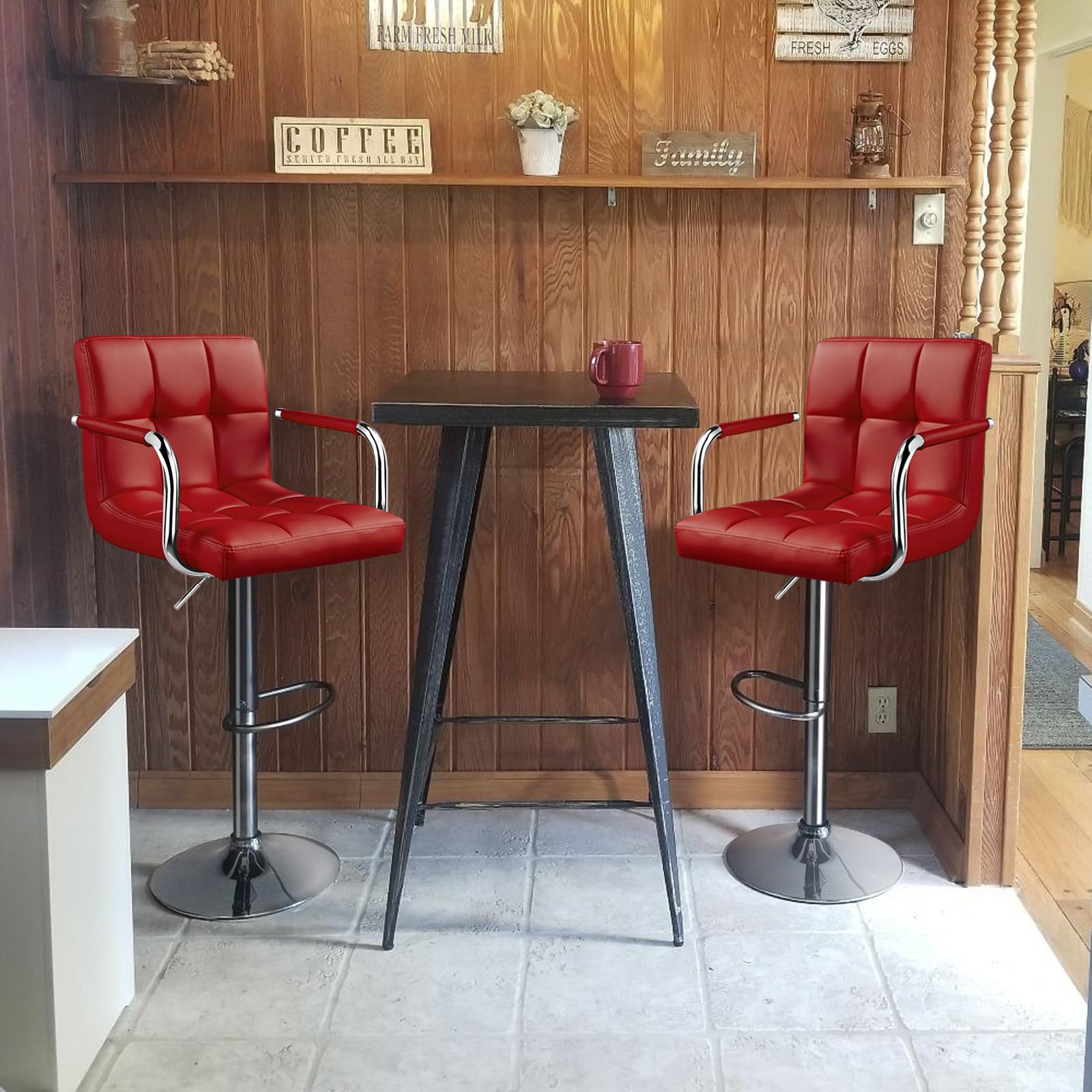 Yaheetech 2-Pack Adjustable Swivel Bar Stools with PU Leather Seat - Hydraulic Height Counter Stools with Armrest & Back Support - Perfect for Kitchen Island, Home Bar, Breakfast Nook & Dining Room - Red