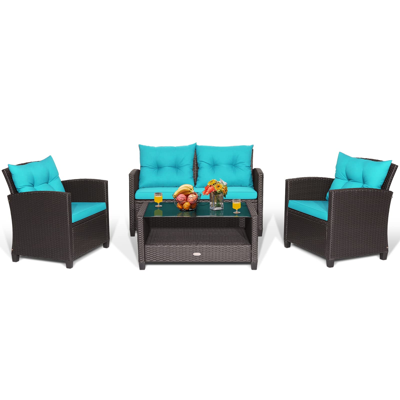 Tangkula 4-Piece Outdoor Patio Furniture Set - Rattan Wicker Sofa Set with 1 Loveseat, 2 Single Chairs & Tempered Glass Coffee Table - Perfect for Backyard, Garden, Poolside & Porch Relaxation
