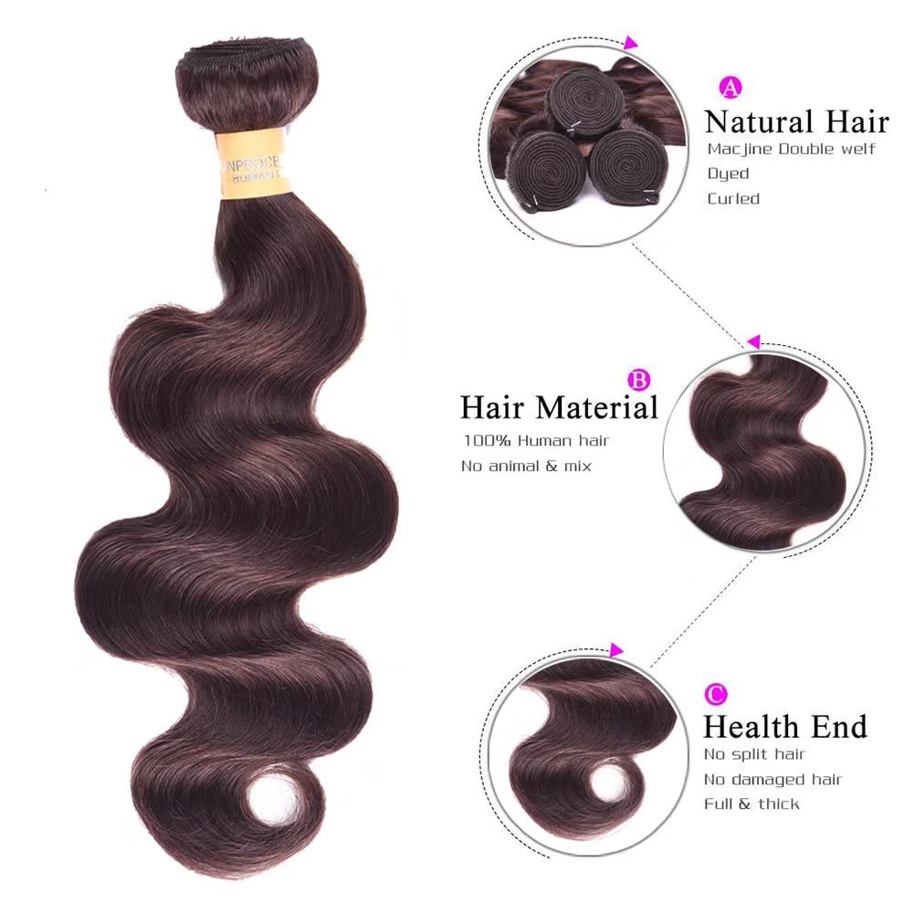 WOME Dark Brown Body Wave Human Hair Bundles 3-Piece Set - 100% Peruvian Virgin Remy Hair Extensions (12