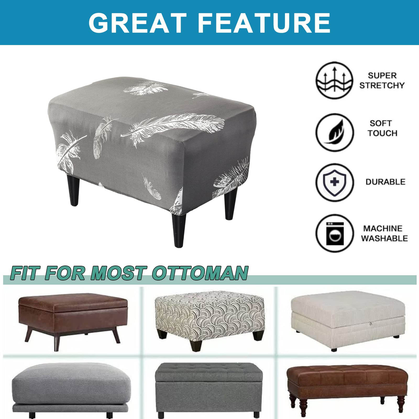 CRFATOP X-Large Printed Ottoman Chair Cover - Stretchable Rectangle Storage Stool Slipcover with Elastic Bottom for Footrest, Sofa & Furniture Protection (21