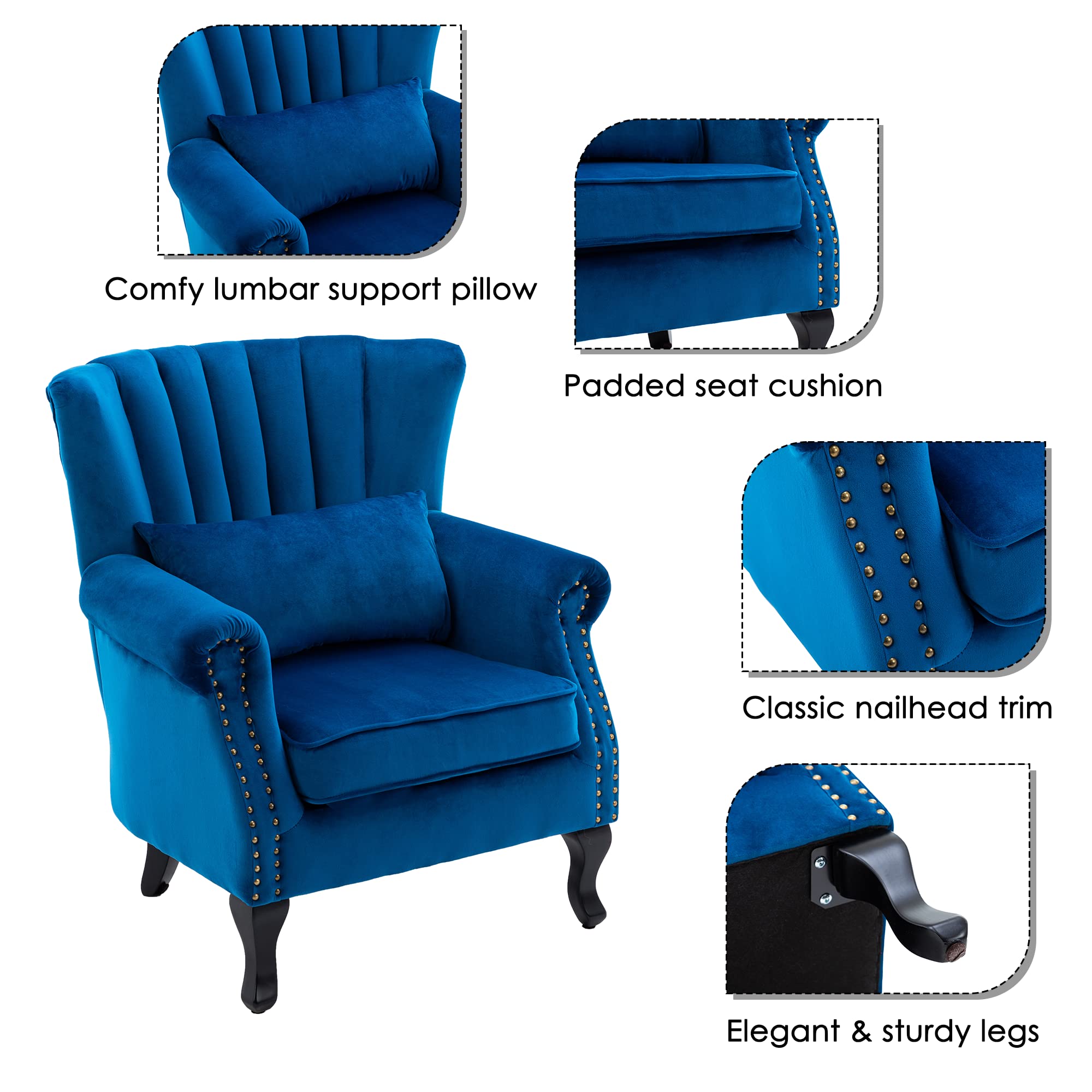 Mid-Century Modern Accent Chair - Velvet Blue Channel Back Armchair with Pillow for Living Room, Bedroom & Lounge | Comfy Single Sofa Chair for Relaxing, Reading & Home Decor