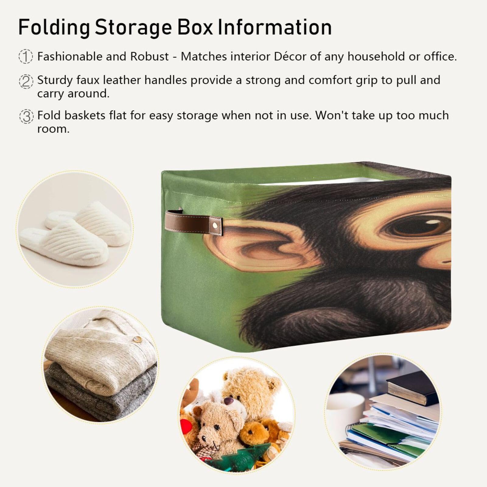 Foldable Storage Baskets with Handles - 2 Pack Large Organizing Bins for Closet, Shelves & Home Organization | Space-Saving Crouching Monkey Design | Perfect for Bedroom, Bathroom & Kids' Room Storage