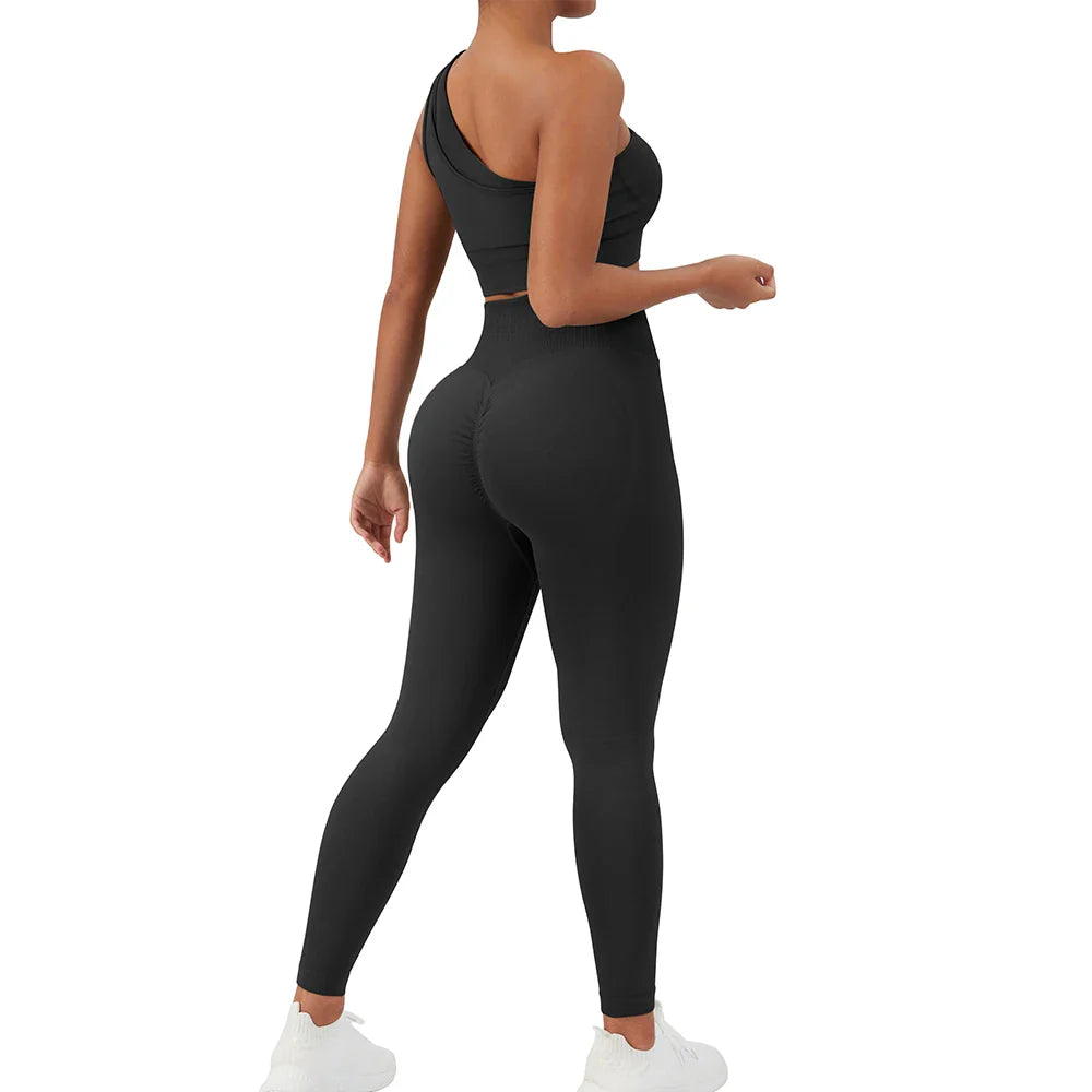 2 Pcs Women's Seamless Yoga Set - One Shoulder Workout Outfits for Gym, Fitness & Sports | Breathable & Comfortable Activewear for Yoga, Running & Training