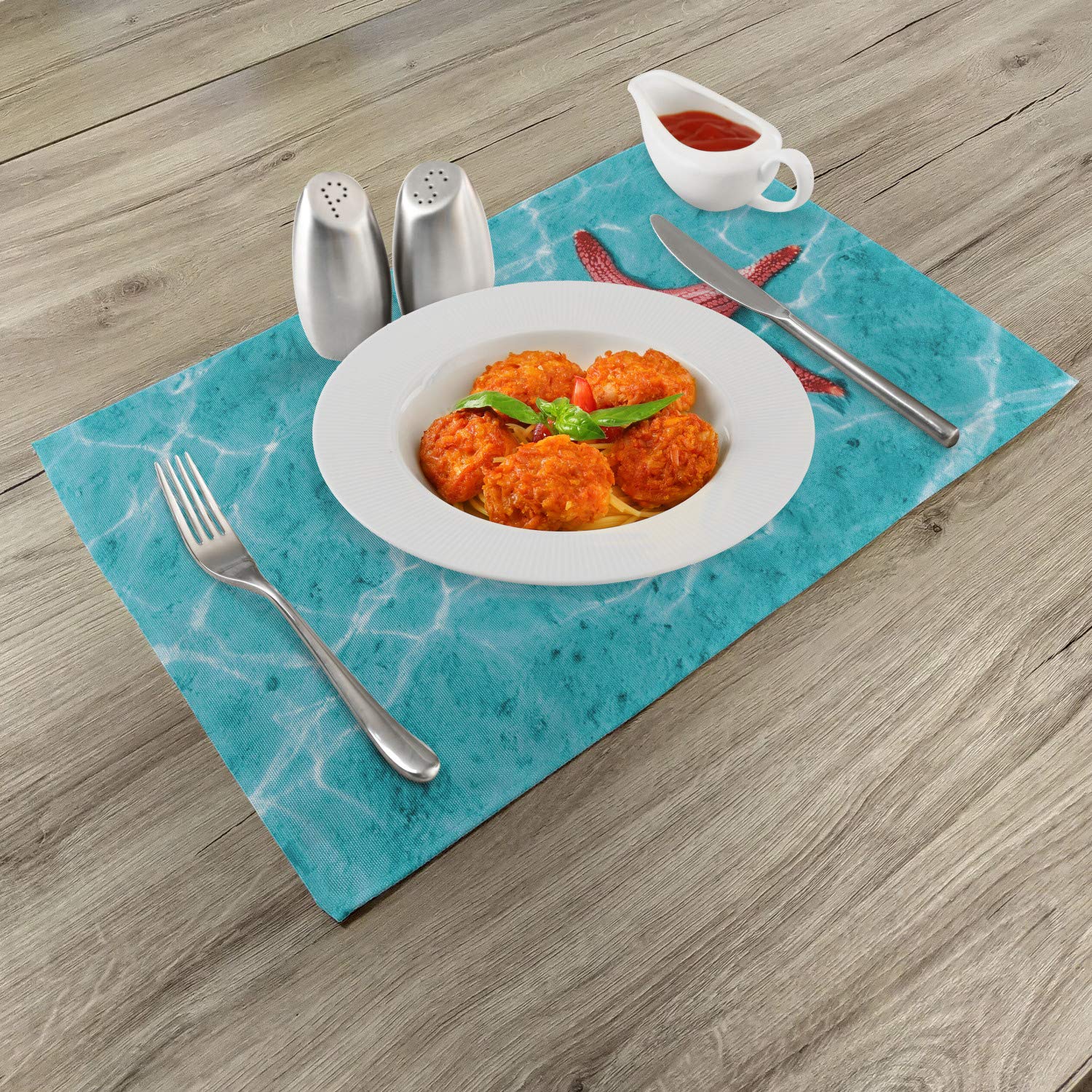 Ambesonne Starfish Place Mats Set of 4 - Vibrant Red Starfish on Blue Water with Sun Rays Reflection, Tropical Aquatic Theme Washable Fabric Placemats for Dining Room & Kitchen Table Decor (Aqua Red) - Perfect for Beach House, Coastal Decor, Summer Parties & Seafood Dining
