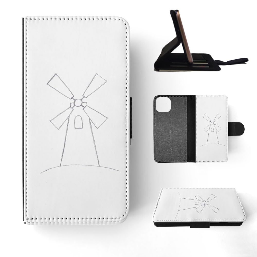 Windmill Sketch Drawing Hard Flip Wallet Phone Case for Apple iPhone 15 - Slim Protective Cover with Card Slots for Daily Use & Travel