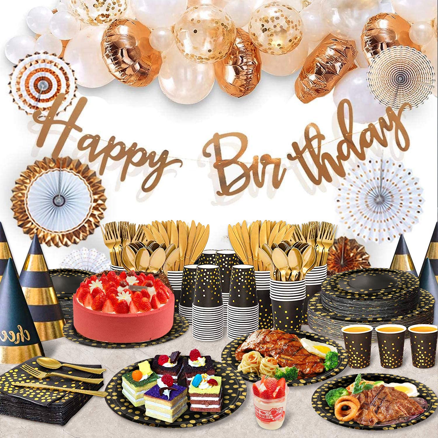 175PCS Black and Gold Party Supplies Set - Disposable Dinnerware Kit with Gold Plastic Forks, Knives, Spoons, Black Paper Plates, Napkins & Cups - Perfect for New Year's Eve, Graduation, Birthday Celebrations and Elegant Dinner Parties