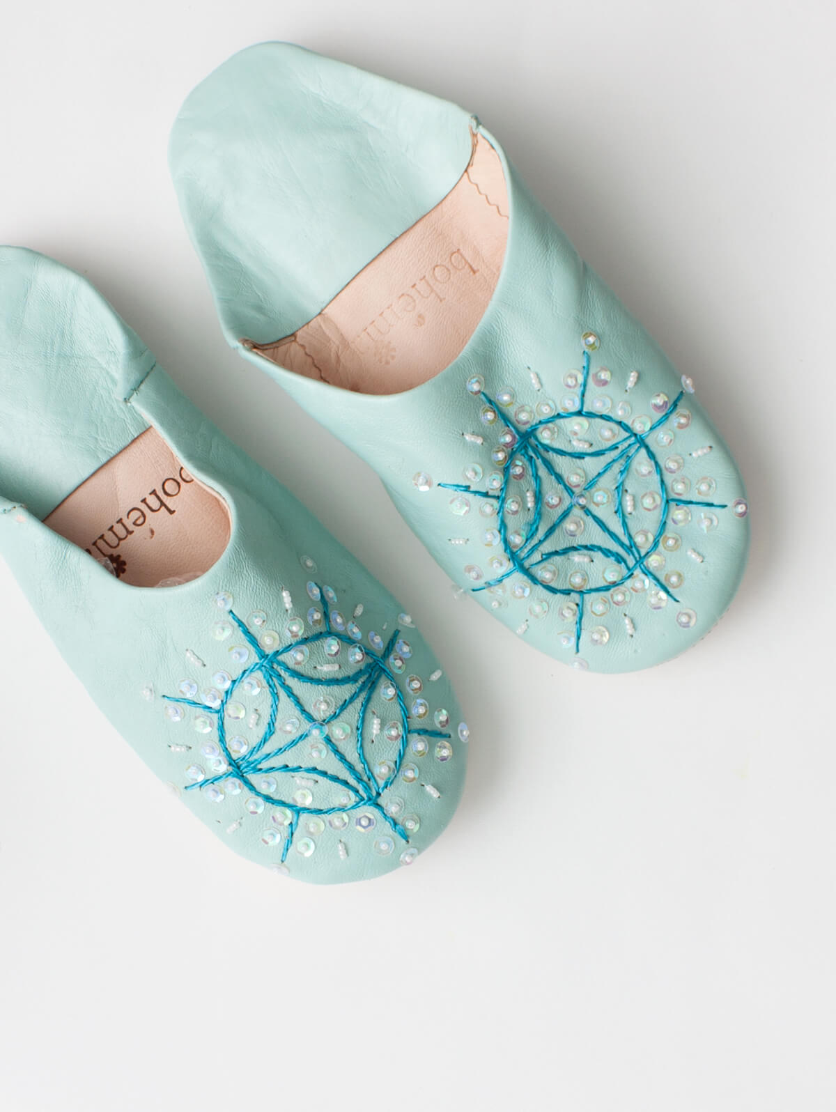 Sparkly Moroccan Babouche Slippers with Sequins - Duck Egg Blue Comfortable House Shoes for Women | Perfect for Lounging at Home, Spa Days & Boho Chic Outfits