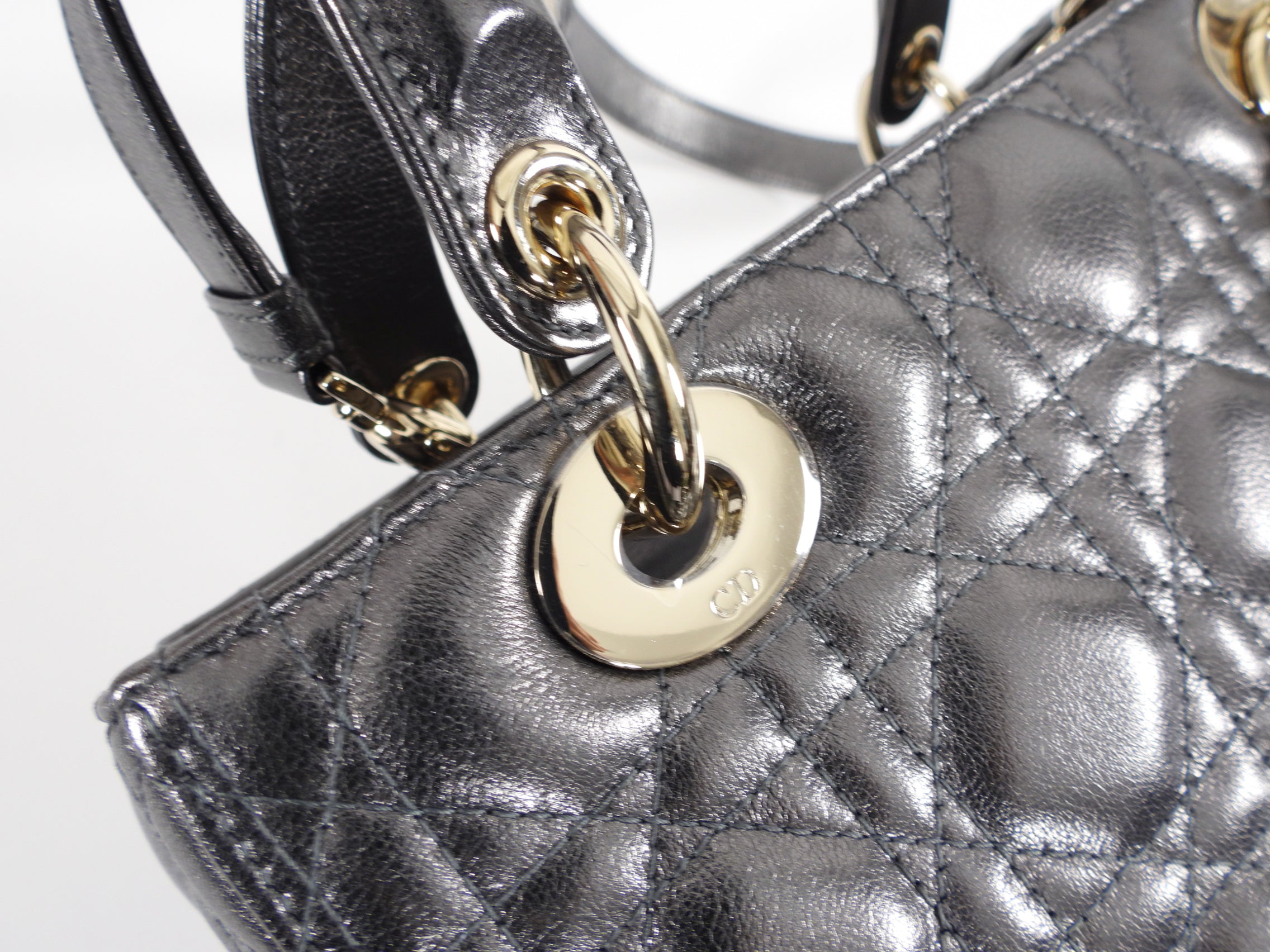 Dior Lady Dior Medium Handbag in Pewter Metallic Cannage Leather with Adjustable Strap - Perfect for Work, Evening Events & Luxury Fashion Accessories