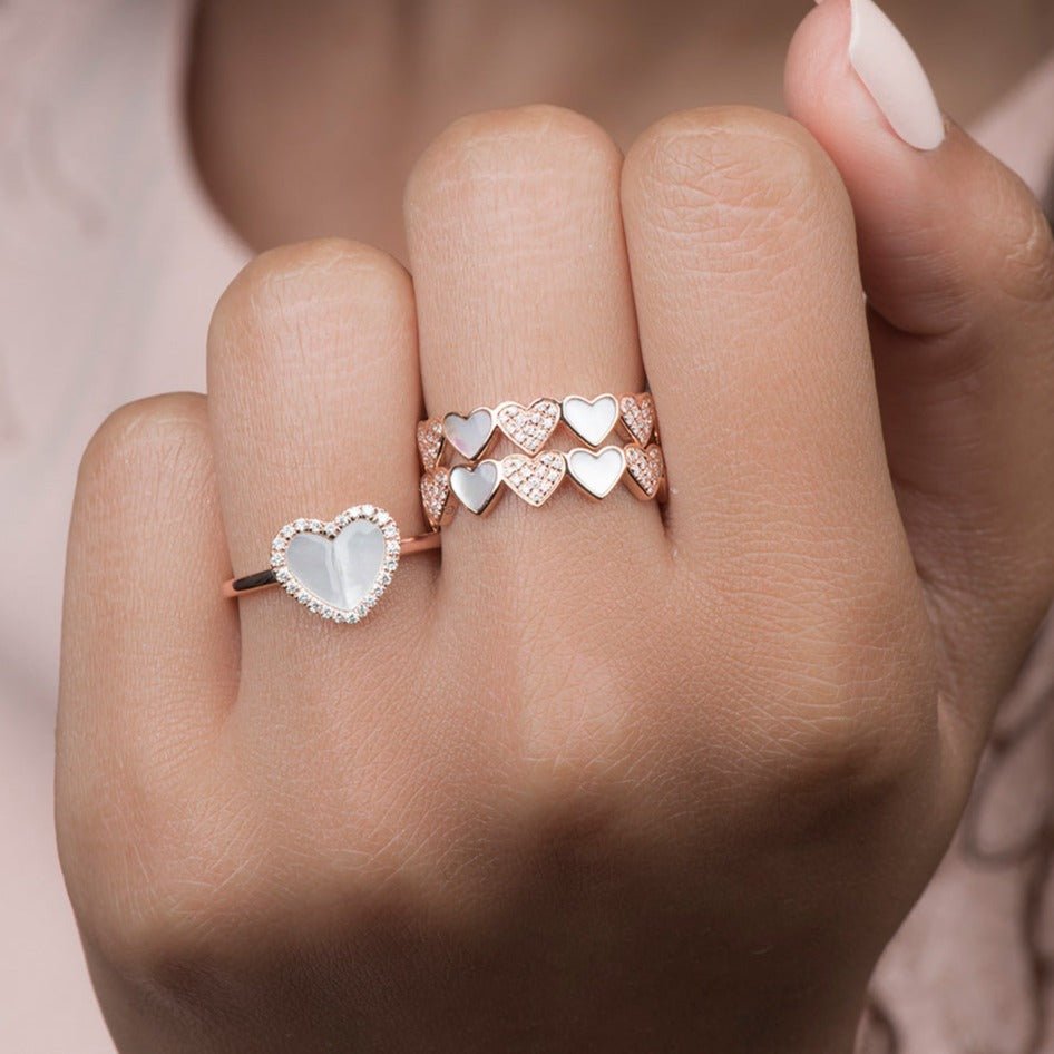 14k Rose Gold Diamond and Mother of Pearl Heart Eternity Band Ring - Romantic Wedding, Anniversary, or Valentine's Day Gift for Her