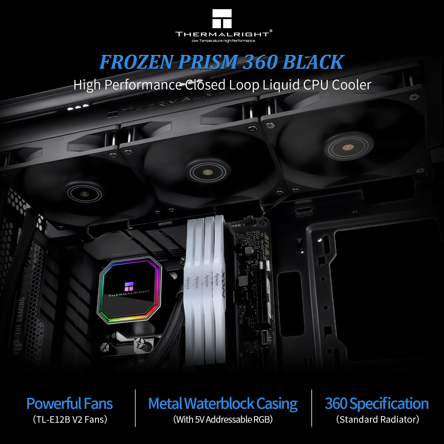 Thermalright Frozen Prism 360 Black AIO Liquid CPU Cooler - 3x120mm PWM High-Speed Fans (1850 RPM) - Compatible with AMD AM4/AM5 & Intel LGA1151/1200/2066/1700 - Perfect for Gaming PCs, Overclocking, and High-Performance Workstations