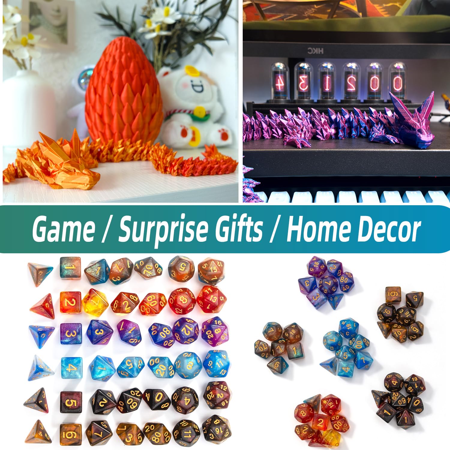 Premium 7-Piece DND Dice Set with 3D Printed Dragon Egg - Fidget Toys for Stress Relief & RPG Gaming Accessories - Perfect Gift for DND, MTG & Tabletop Role-Playing Games - Includes Gift Box for Gamer Enthusiasts