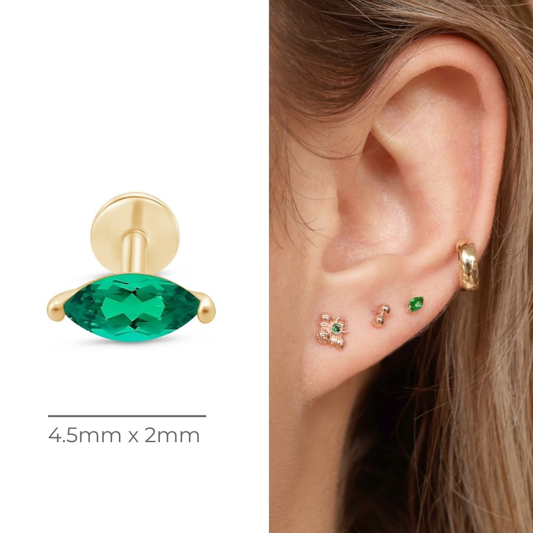14K Yellow Gold Marquise Emerald Flat Back Stud Earrings - Elegant Dainty Jewelry for Women, Perfect for Everyday Wear & Special Occasions