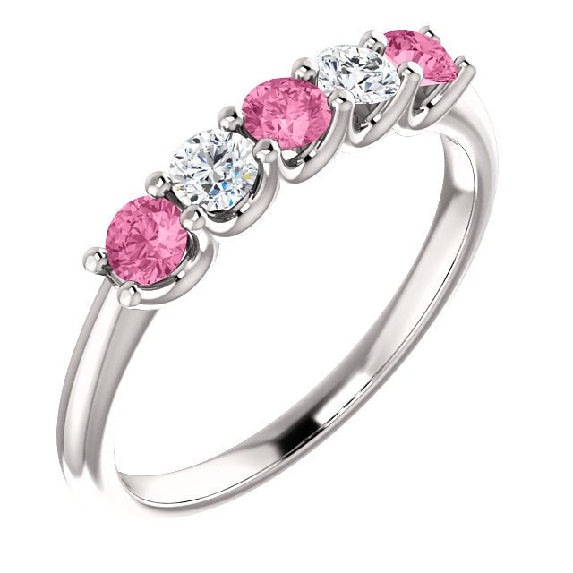 14K Gold 0.50 CTW Pink Sapphire & 0.20 CTW Diamond 5-Stone Wedding Band Ring for Women - Perfect for Engagement, Anniversary and Special Occasions