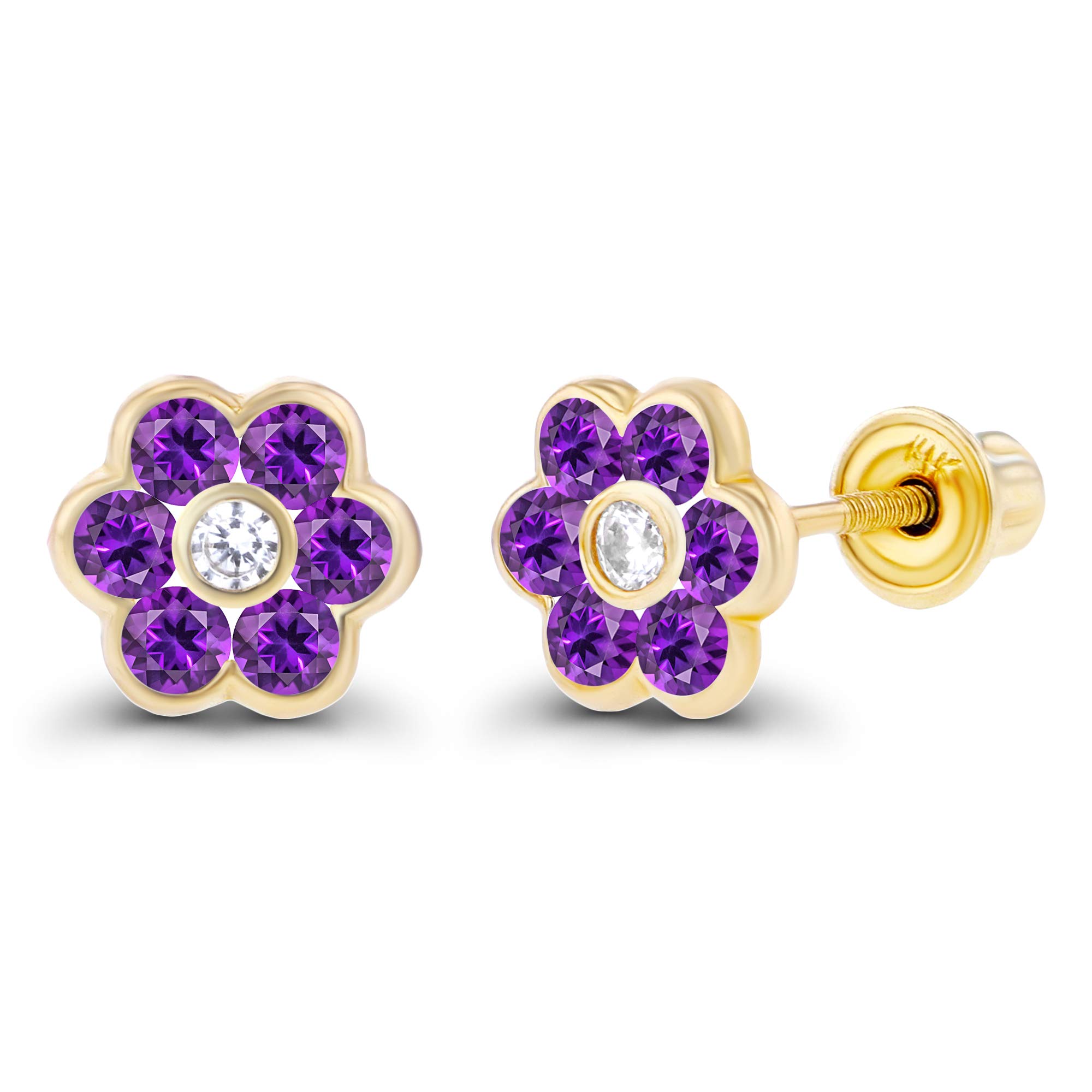 14K Solid Gold 6mm Natural Birthstone Screwback Stud Earrings for Women | 1.25mm White Sapphire Halo Earrings | Elegant Gift for Birthday, Anniversary & Graduation | Perfect for Daily Wear & Special Occasions
