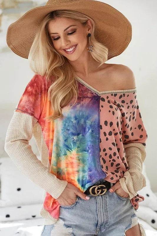 Bibi Print Block V Neck Top With Contrast Stitching In Blush | Flowy Casual Blouse for Women | Perfect for Office Wear, Date Nights & Summer Outfits