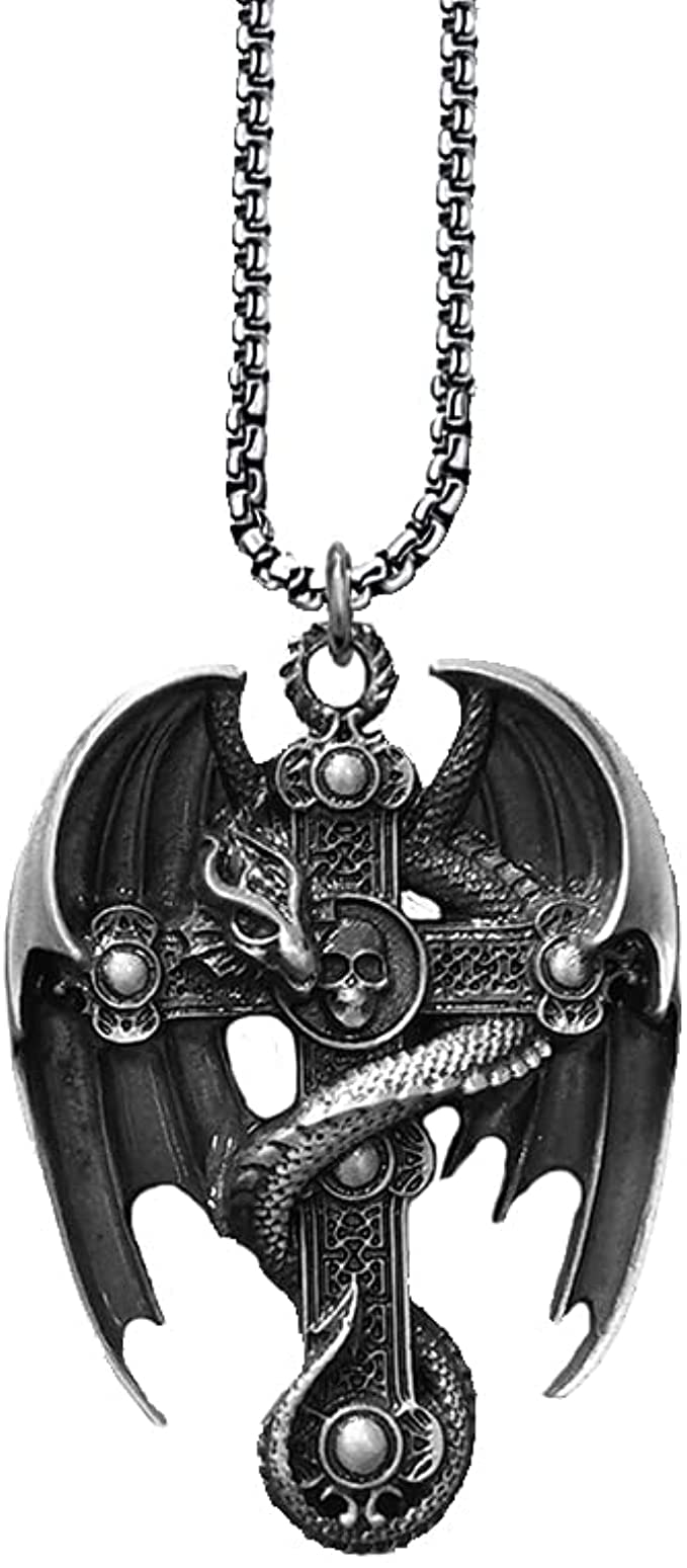Gothic Dragon Cross Necklace for Men - Skull Pendant Vintage Religious Jewelry, Punk Style Gift for Boyfriend - Perfect for Halloween, Cosplay & Gothic Fashion Accessories