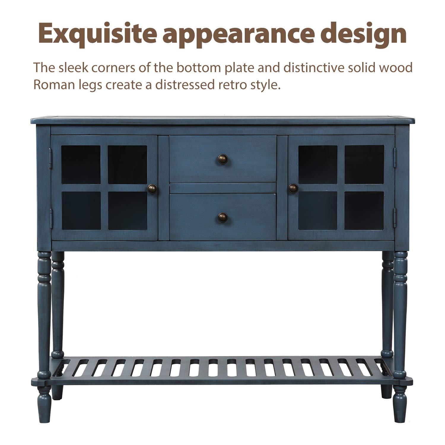 Farmhouse Style Sideboard Console Table with Glass Top and Bottom Shelf - Entryway Sofa Table, Buffet Storage Cabinet for Living Room, Hallway & Dining Room - Antique Navy Finish for Rustic Home Decor