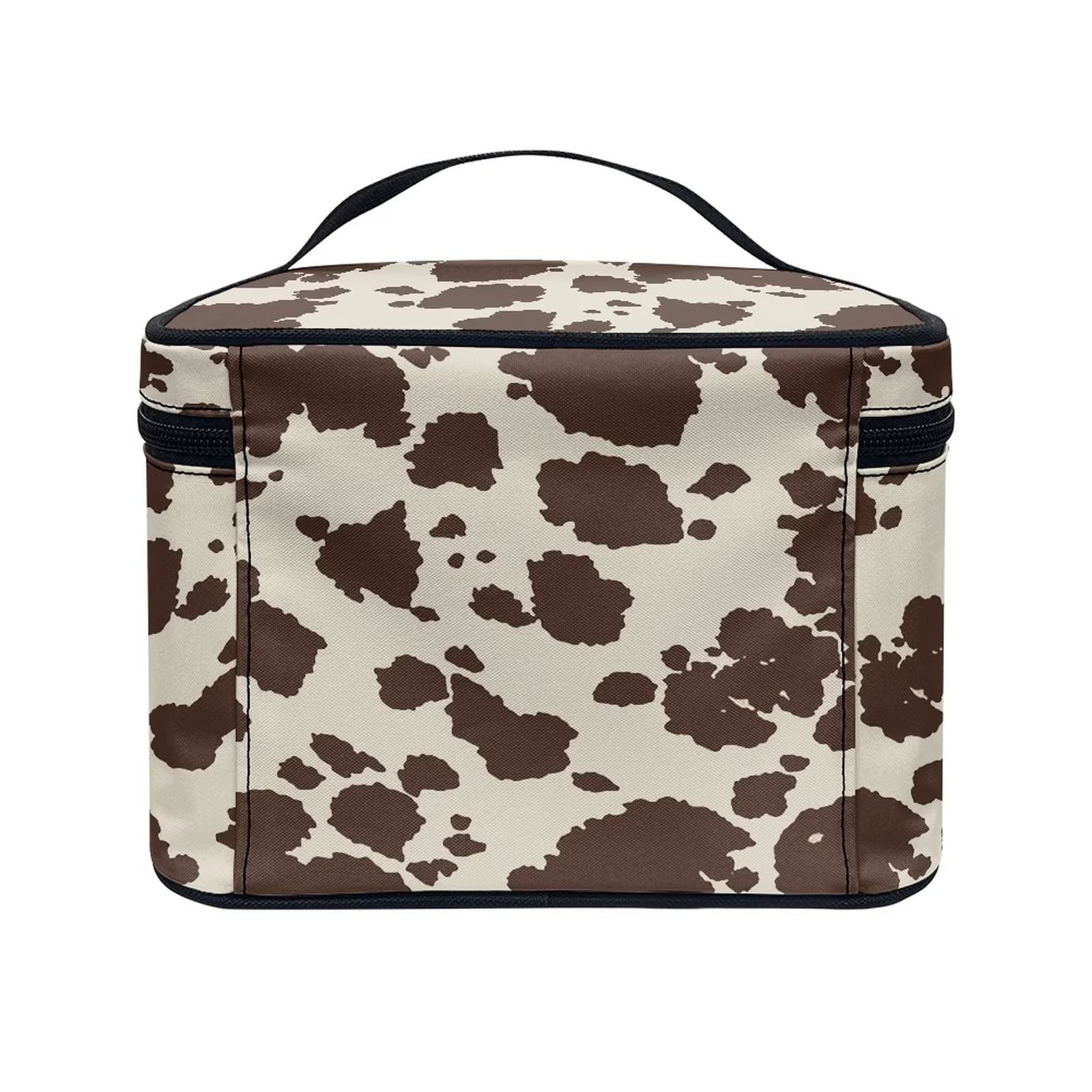 Stylish Brown Cowhide Travel Makeup Bag for Women - Portable Cosmetic Organizer with Carry Handle - Perfect for Toiletries Storage, Weekend Getaways & Airplane Essentials