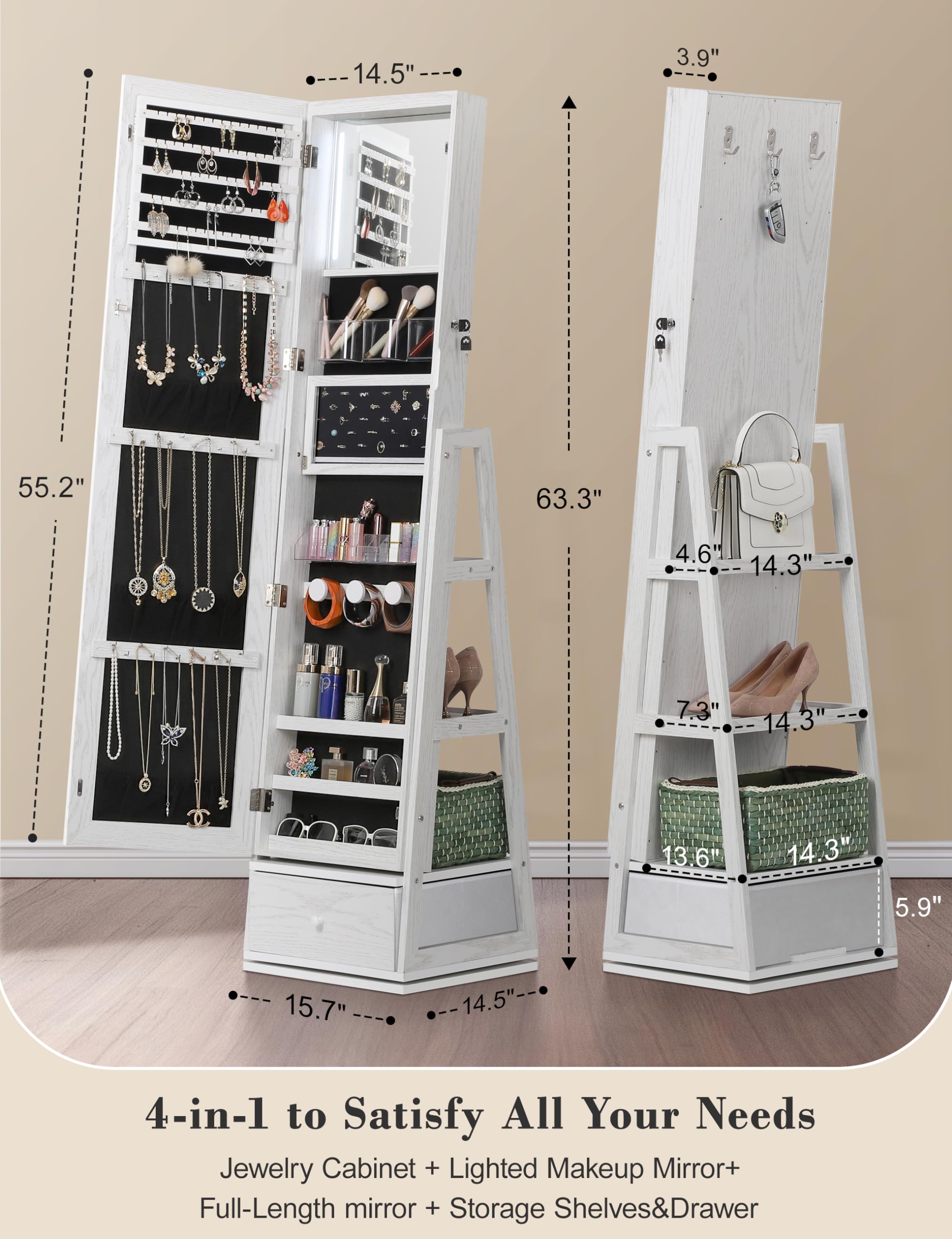 360° Swivel Jewelry Cabinet with LED Lights & Touch Screen Mirror - Rotating Full Length Vanity Mirror with Jewelry Storage Organizer, White Foldable Makeup Stand | Perfect for Bedroom, Dressing Room & Closet Organization
