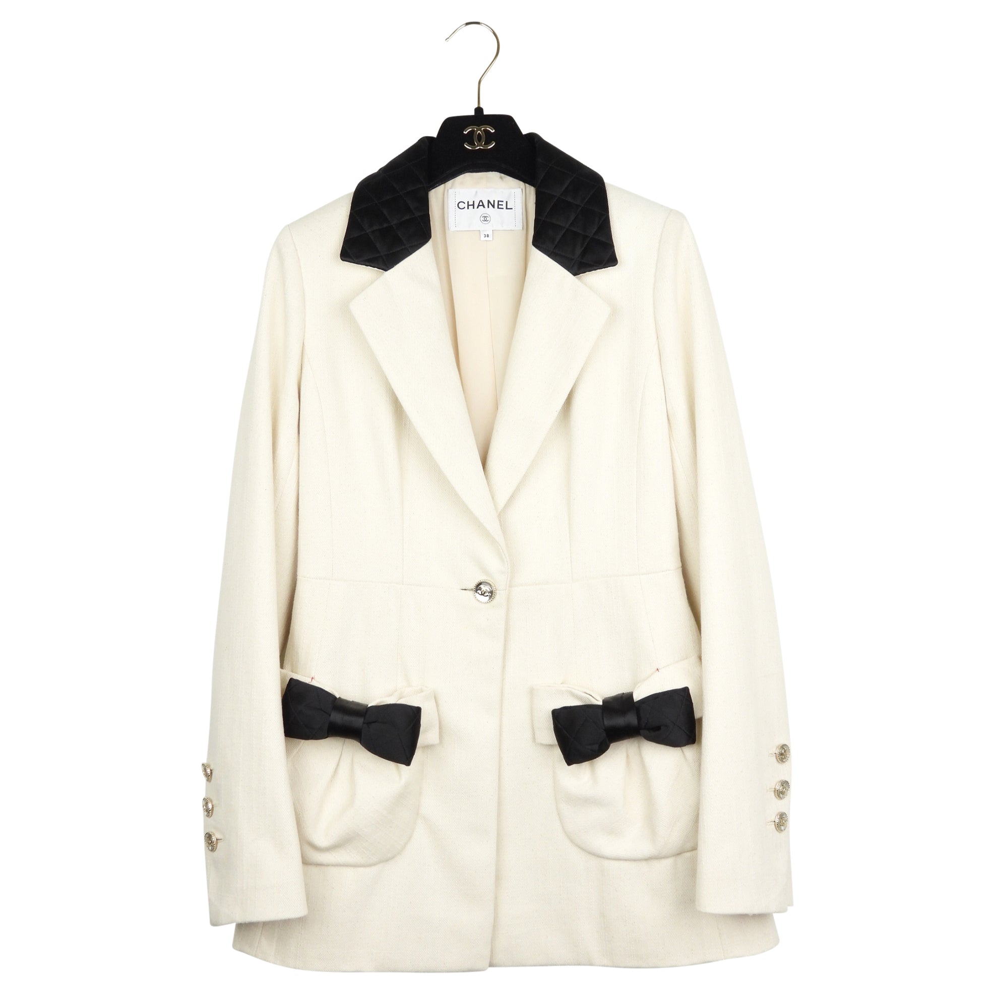Chanel 21S Ecru Cotton Jacket with Silk Satin Bow Accents - Size FR38 | Luxury Women's Outerwear for Parties & Special Occasions