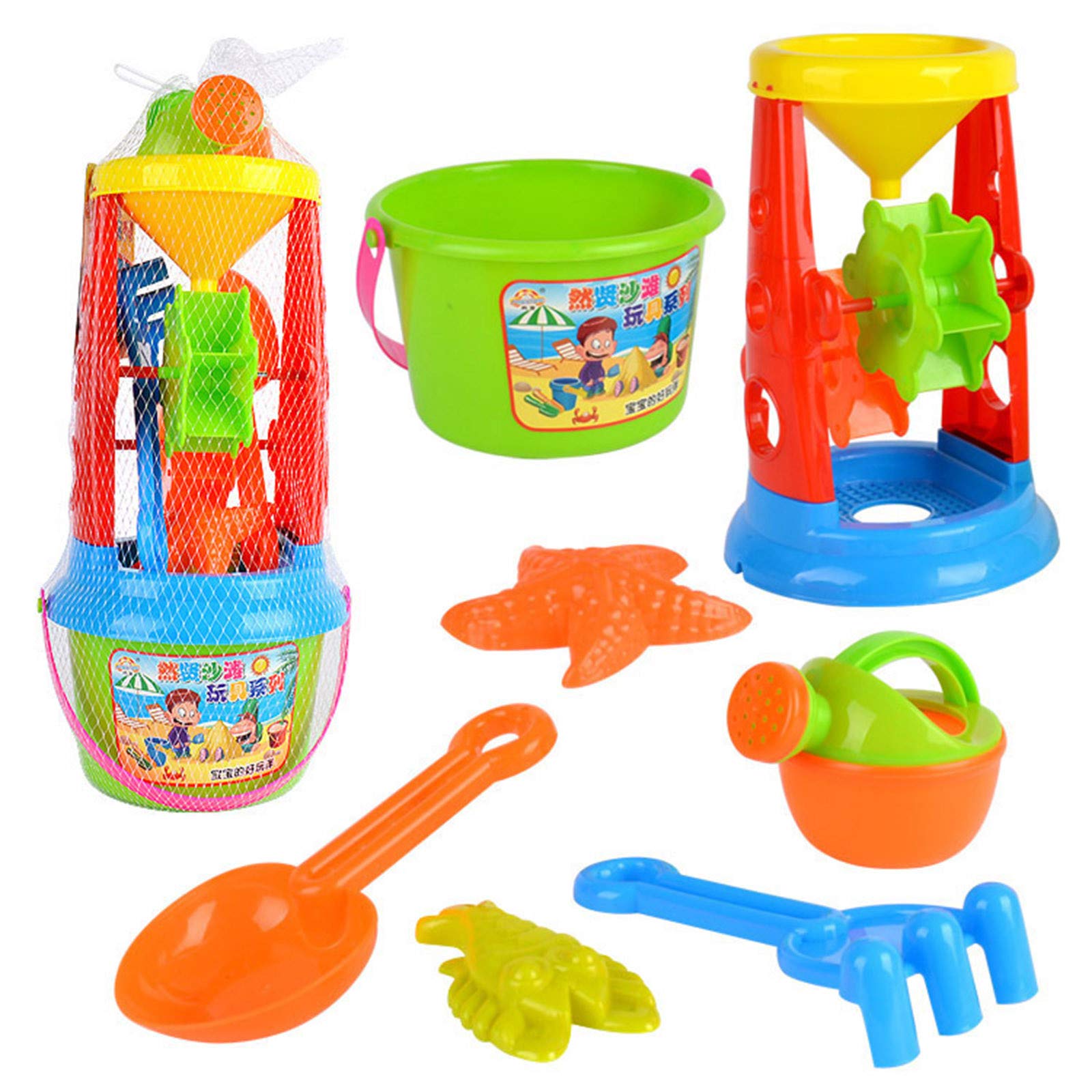 Celendi Kids Plastic Shovel and Rake Set - 4 Piece Beach Toy Kit with Bucket, Shovel, Rake & Storage Bag for Sand Play - Colorful Outdoor Toys for Toddlers, Early Education & Summer Beach Activities (Multicolor)