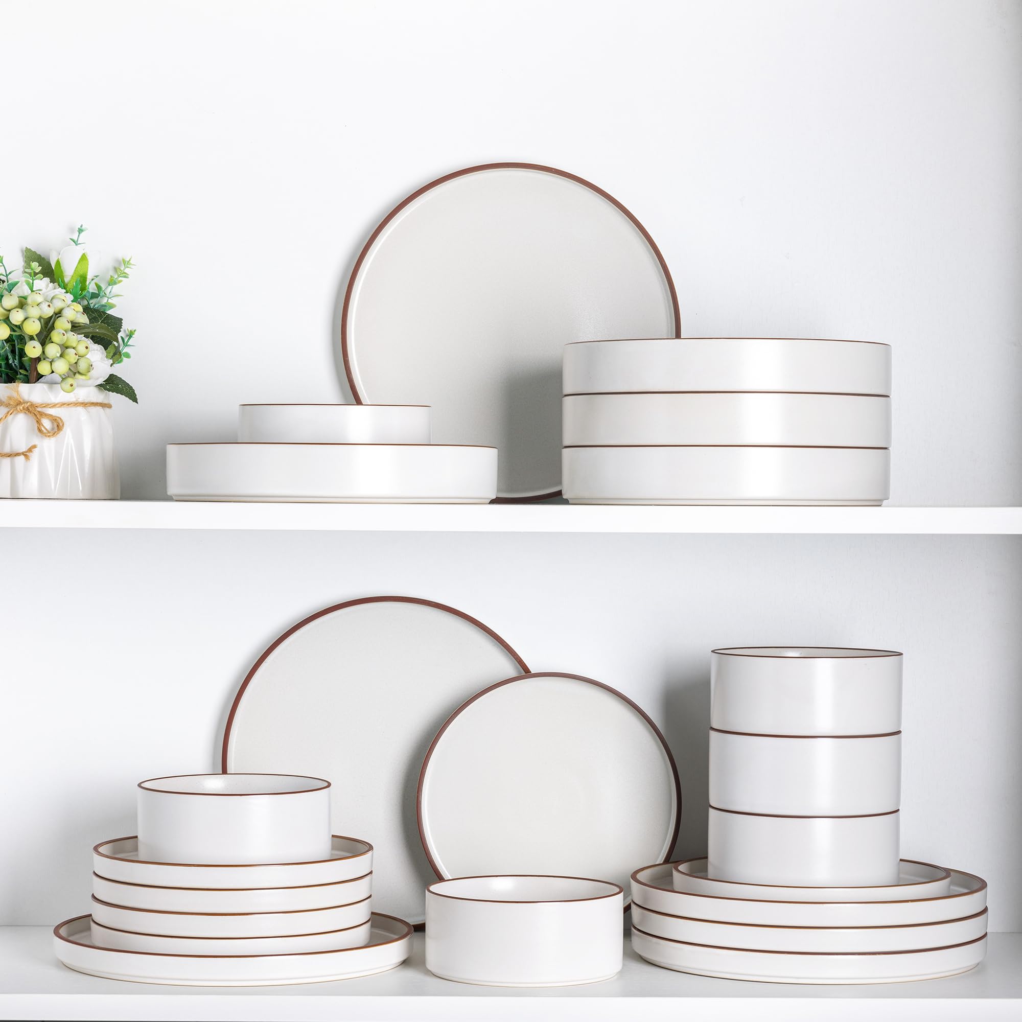 LERATIO 16-Piece Ceramic Dinnerware Set for 4, Stoneware Plates & Bowls with High Edge - Chip & Crack Resistant, Oven/Dishwasher/Microwave Safe - Vanilla White - Perfect for Family Dinners, Restaurant-Style Dining & Entertaining Guests
