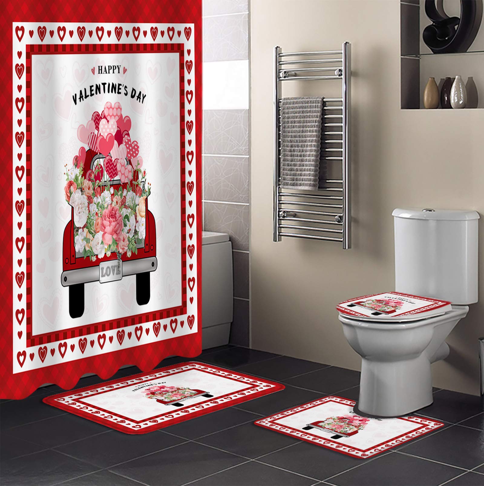 Valentine's Day 4-Piece Shower Curtain Set - Heart Truck Carrying Roses Design with Non-Slip Bath Mat, Toilet Lid Cover & Waterproof Shower Curtain - Perfect for Romantic Bathroom Decor & Gift Giving