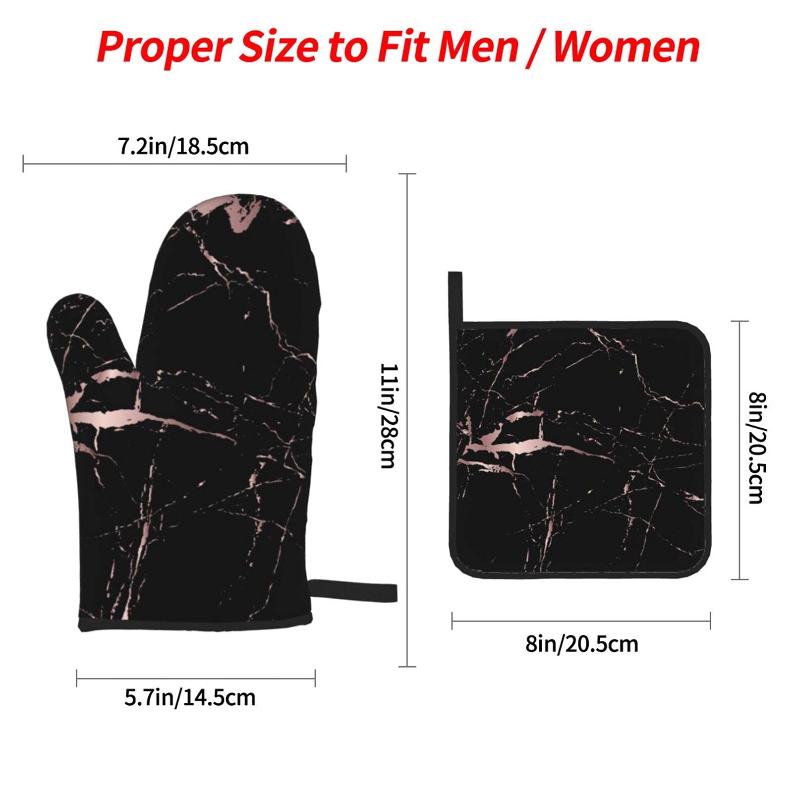 **Rose Gold & Black Marble Oven Mitt and Pot Holder Set of 4 - Heat Resistant, Non-Slip Kitchen Gloves for Baking, Cooking, Grilling, BBQ - Perfect for Home Chefs & Holiday Gifts**